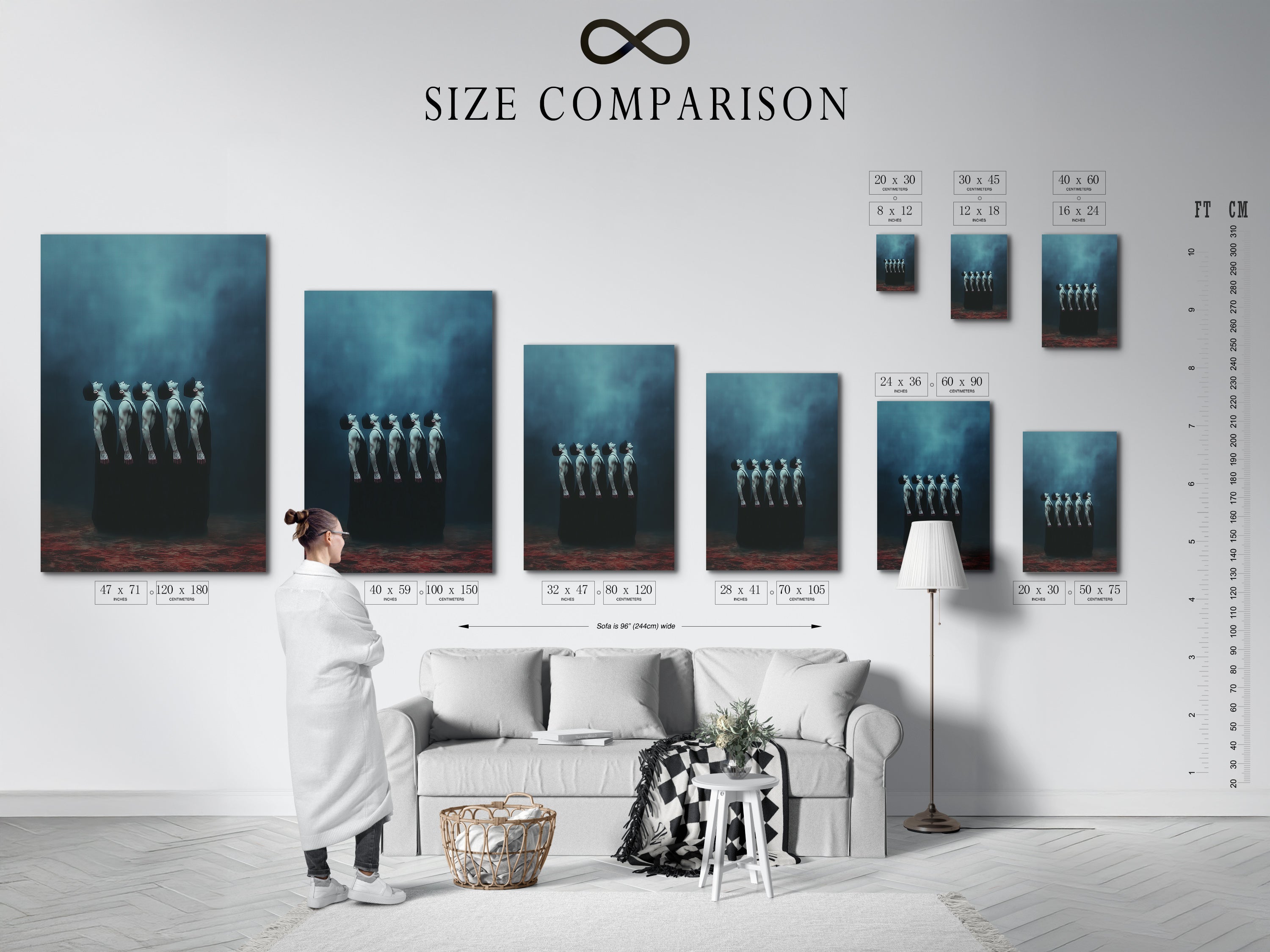 A size comparison chart is displayed in an interior setting. This helps visualize the artwork's dimensions in a real space. The chart features the surreal figures canvas print. This ensures customers can choose the perfect size for their wall art needs.