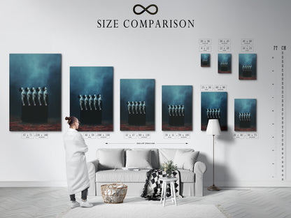 A size comparison chart is displayed in an interior setting. This helps visualize the artwork's dimensions in a real space. The chart features the surreal figures canvas print. This ensures customers can choose the perfect size for their wall art needs.