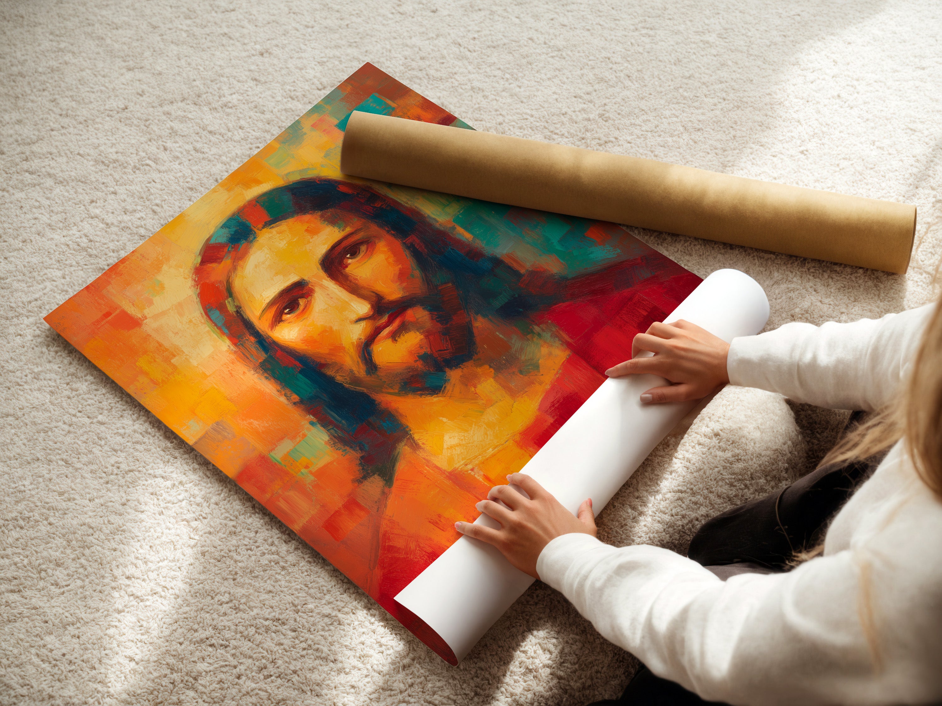 Woman rolling a fine art poster paper. She is preparing the art for shipping. The poster features a high-quality print of Jesus Christ. Our fine art posters are perfect for any art lover. Order yours today.