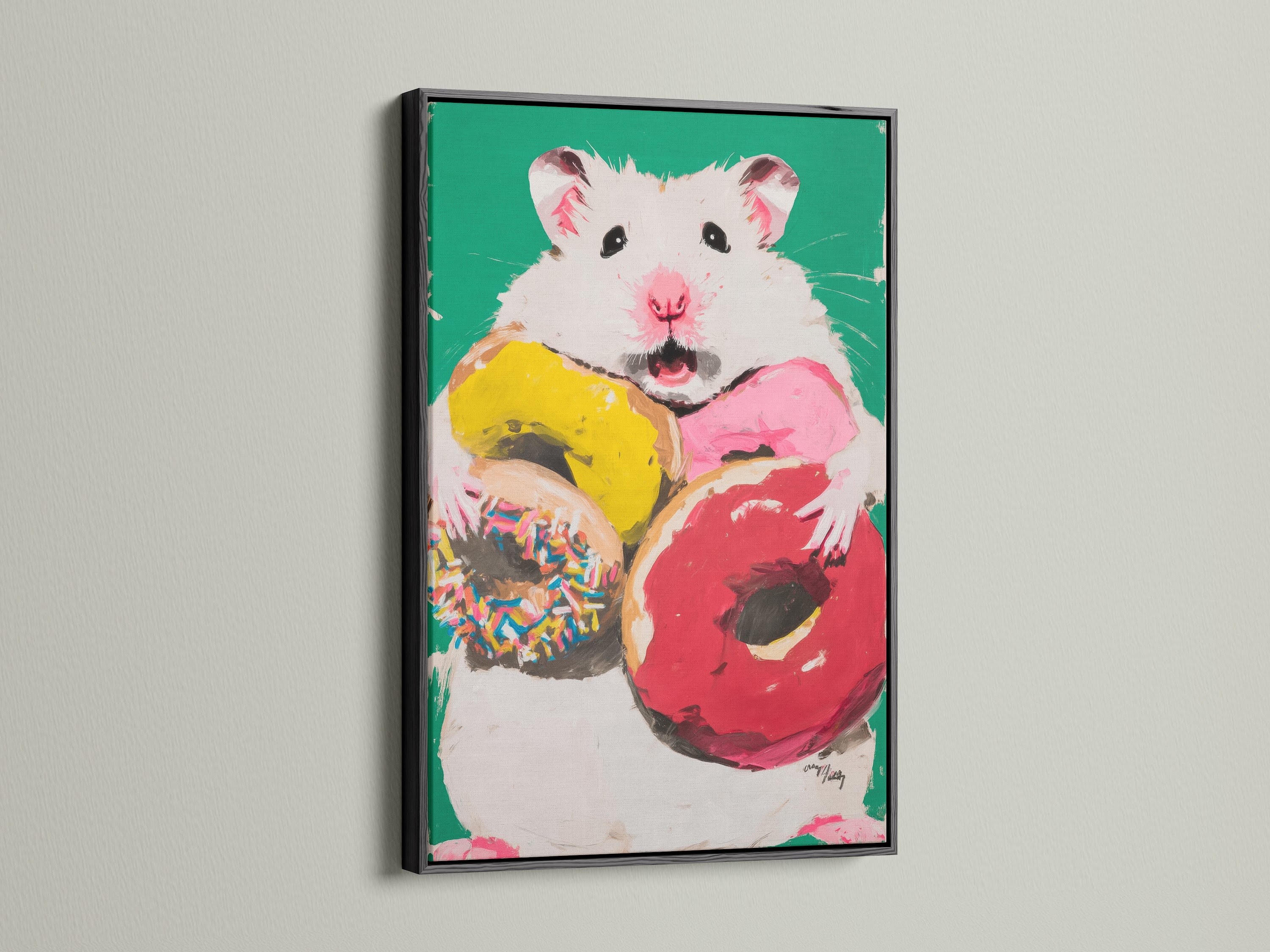 The black frame provides a striking contrast to the hamster donut art print. This is quirky pet art for a modern home. It's ideal for kids room decor. This funny animal art makes a great statement piece.
