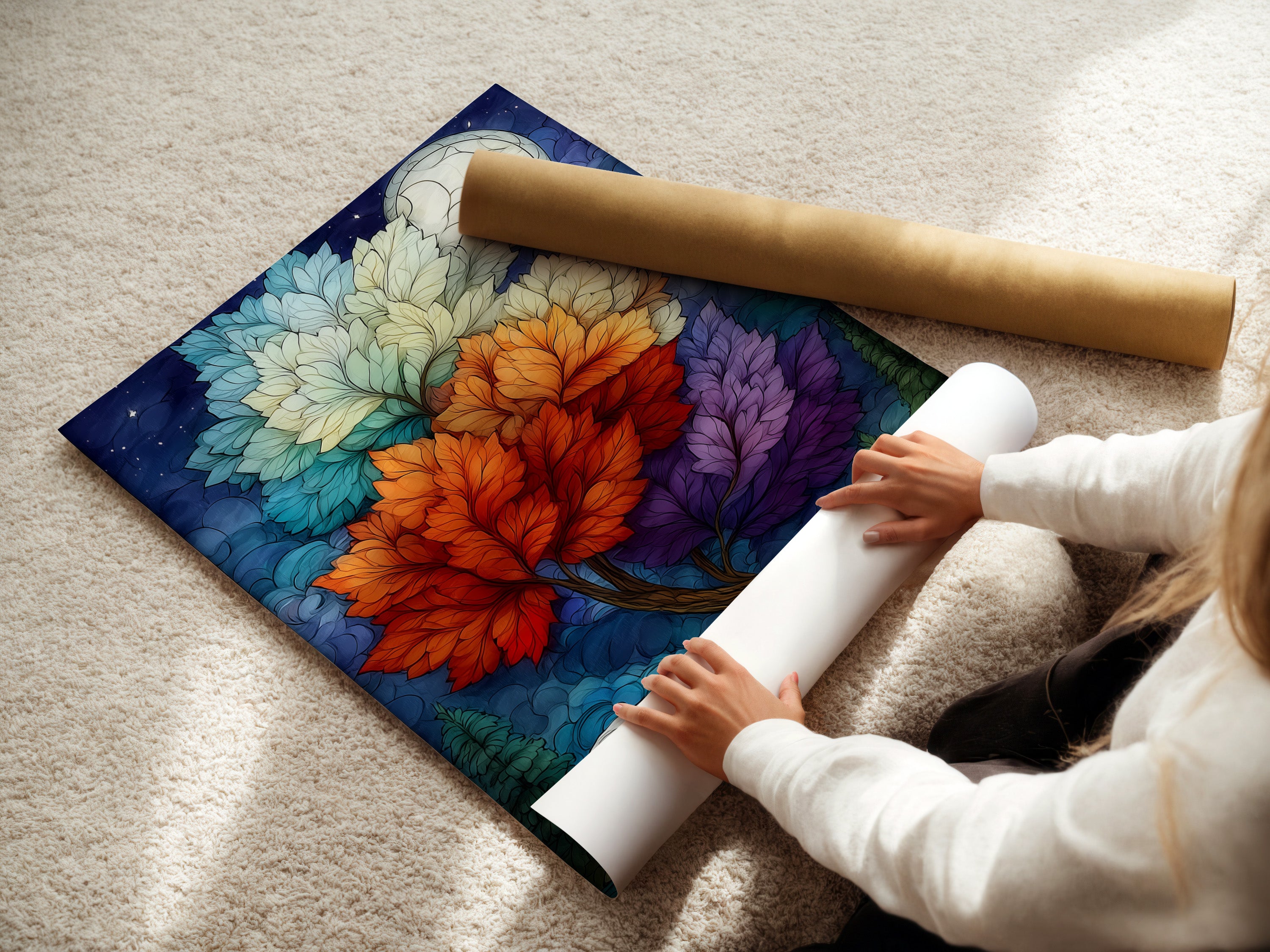 A woman is carefully rolling a fine art poster paper of a magical tree artwork. The artwork features a colorful nature scene with a fantasy moon. This enchanted tree art is perfect for adding a touch of magic to any room. Ideal for living rooms bedrooms offices studios lobbies clinics and cafés.