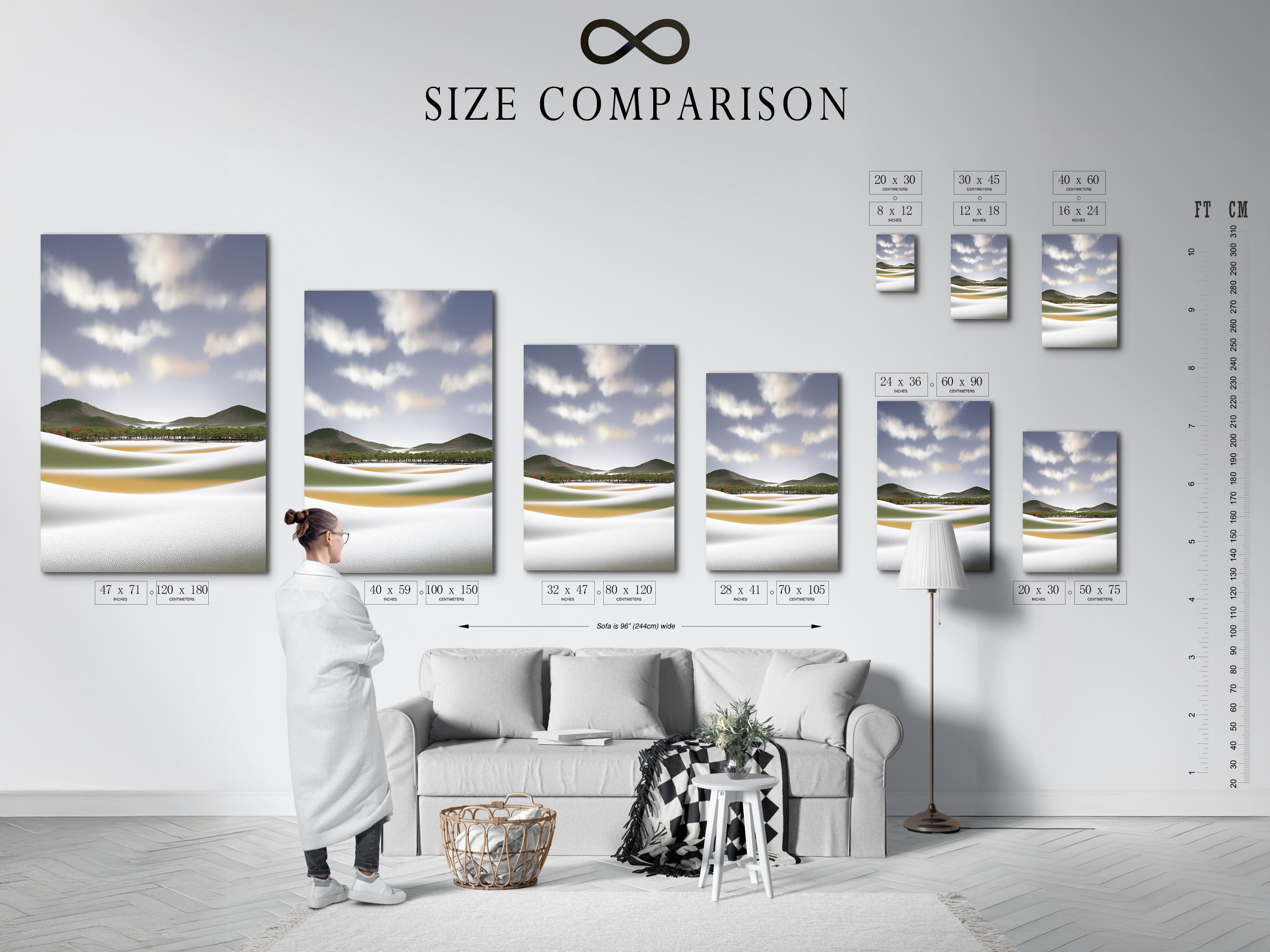 Size comparison chart displayed in an interior setting featuring coastal landscape artwork. Visualize the perfect fit for your space. Choose the ideal size for your beach canvas print. This modern wall art enhances any room. Find the perfect serene nature print for your home decor.