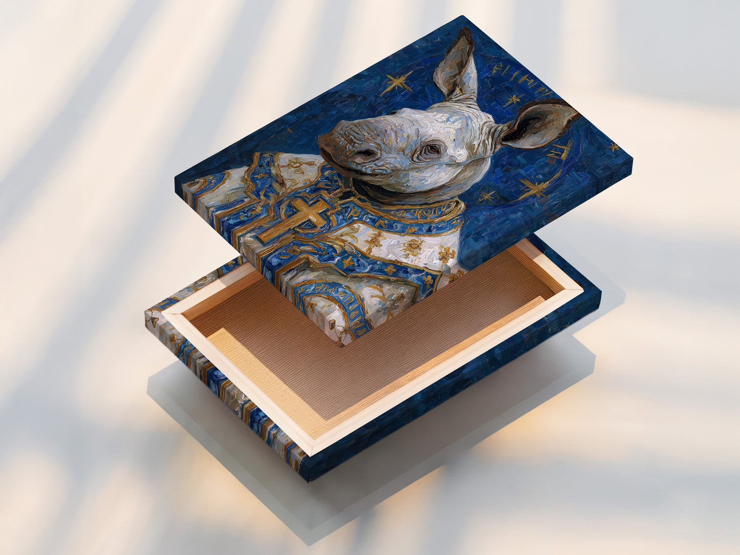 A stretched canvas print of the rhino pope art. This piece features a surreal animal portrait in a medieval religious style. This animal wall art is ideal for eclectic vintage or contemporary homes. The stretched canvas provides a gallery-ready look.