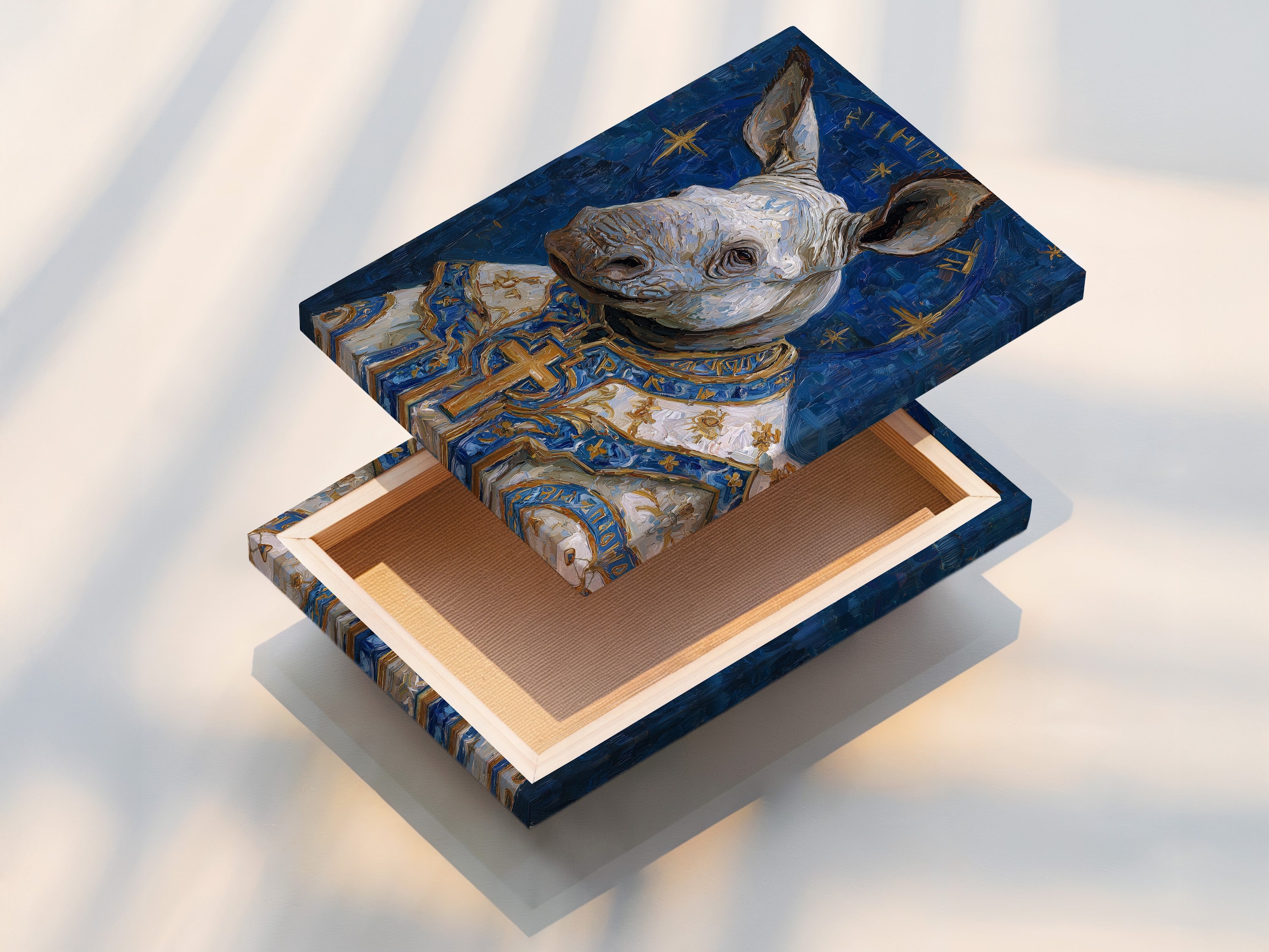 A stretched canvas print of the rhino pope art. This piece features a surreal animal portrait in a medieval religious style. This animal wall art is ideal for eclectic vintage or contemporary homes. The stretched canvas provides a gallery-ready look.