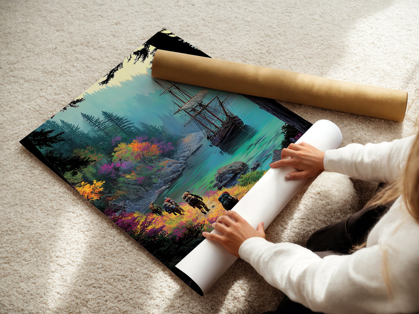 A woman is carefully rolling a fine art poster paper. This ensures the sailing ship art arrives in perfect condition. Ideal for coastal wall art enthusiasts. Ready to display your emerald green art.