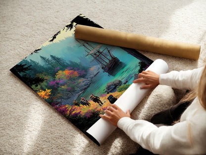 A woman is carefully rolling a fine art poster paper. This ensures the sailing ship art arrives in perfect condition. Ideal for coastal wall art enthusiasts. Ready to display your emerald green art.