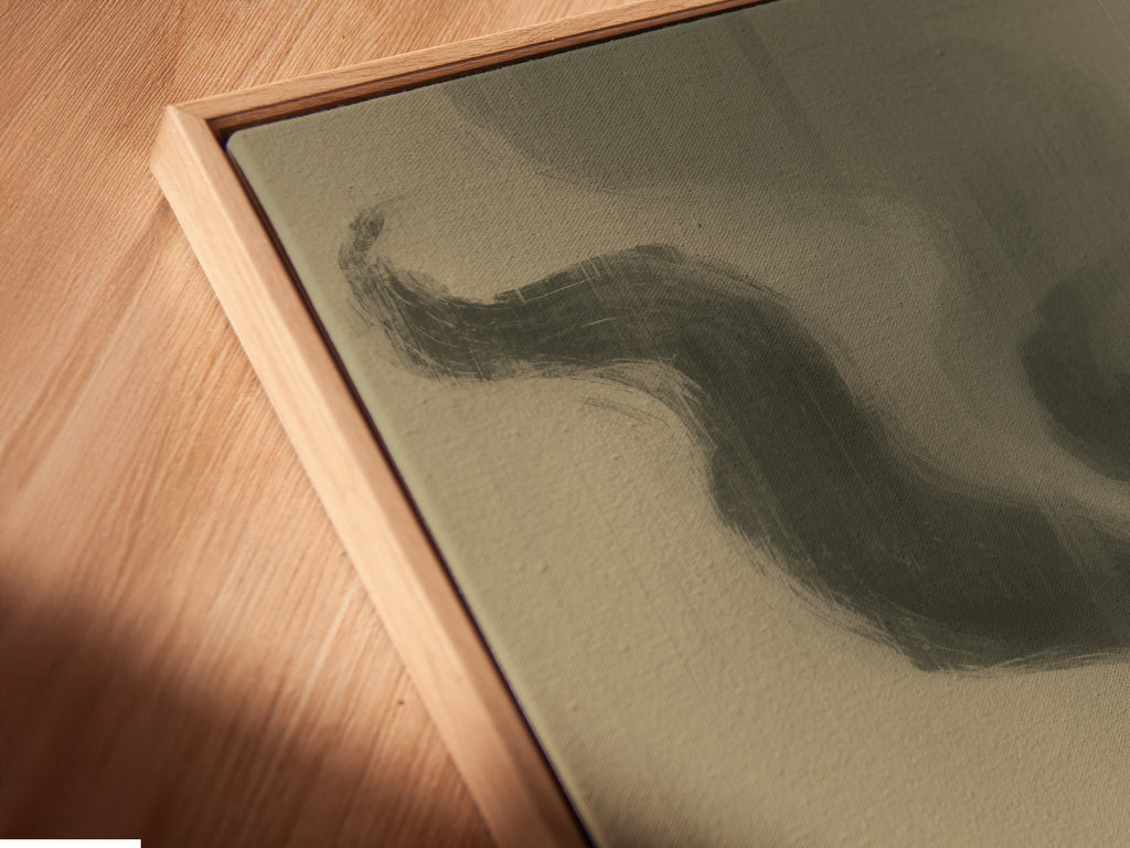 Angled close-up of a canvas print in a floating frame. The mystical fox spirit artwork is highlighted. Perfect wall art for living rooms bedrooms and offices. The dark art prints add a dramatic touch.