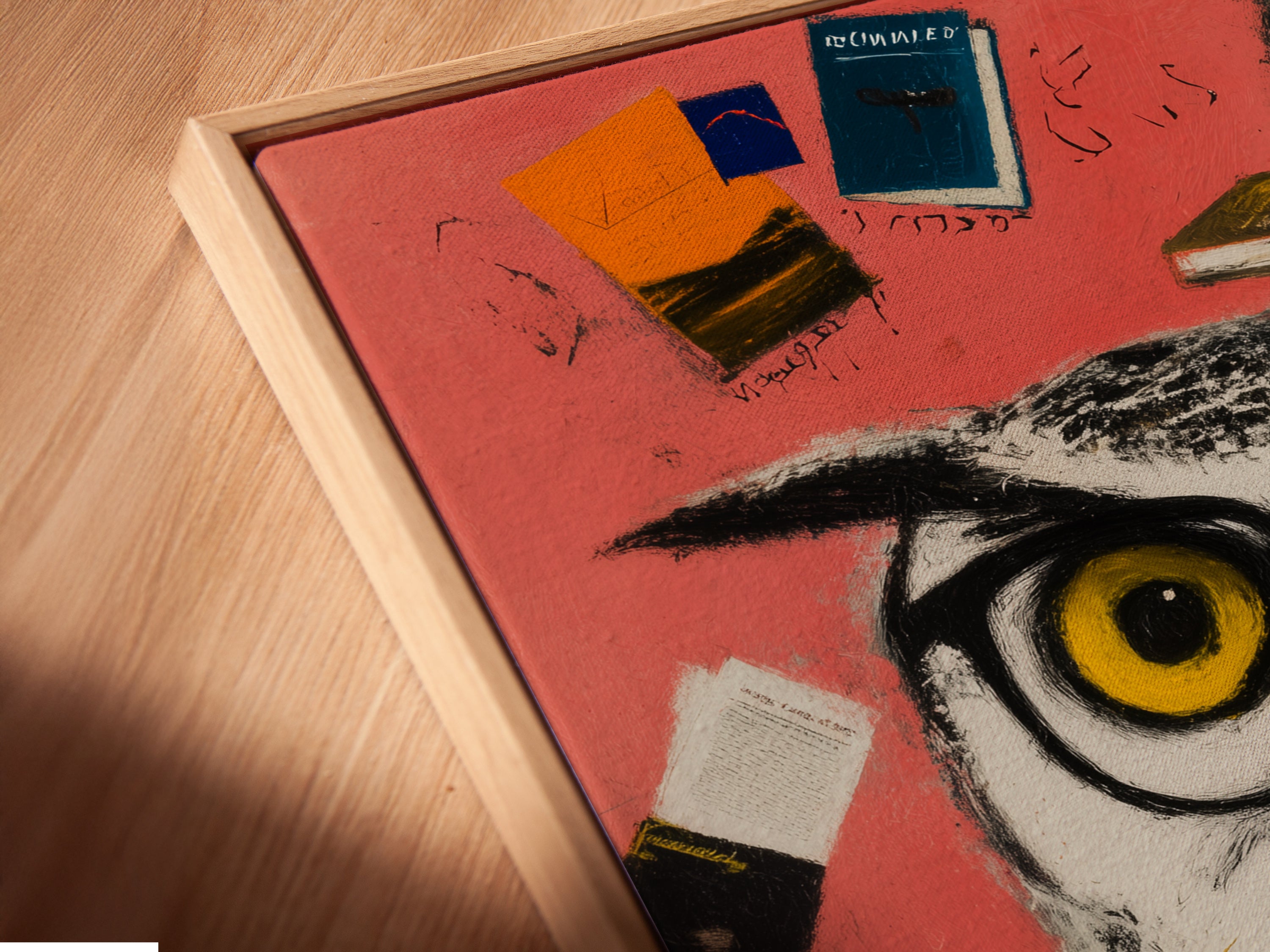 Close-up angled view of a Scholarly Owl canvas print. The artwork is displayed in a floating frame. This whimsical animal art is perfect for study room decor. It is a unique piece for dorm room wall art. The floating frame enhances the contemporary style of the artwork.