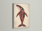 Whale art print featured in a white frame. The indigenous tribal wall art enhances any room. This piece captures pacific northwest native artwork beautifully. Consider this for your office.