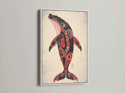 Whale art print featured in a white frame. The indigenous tribal wall art enhances any room. This piece captures pacific northwest native artwork beautifully. Consider this for your office.