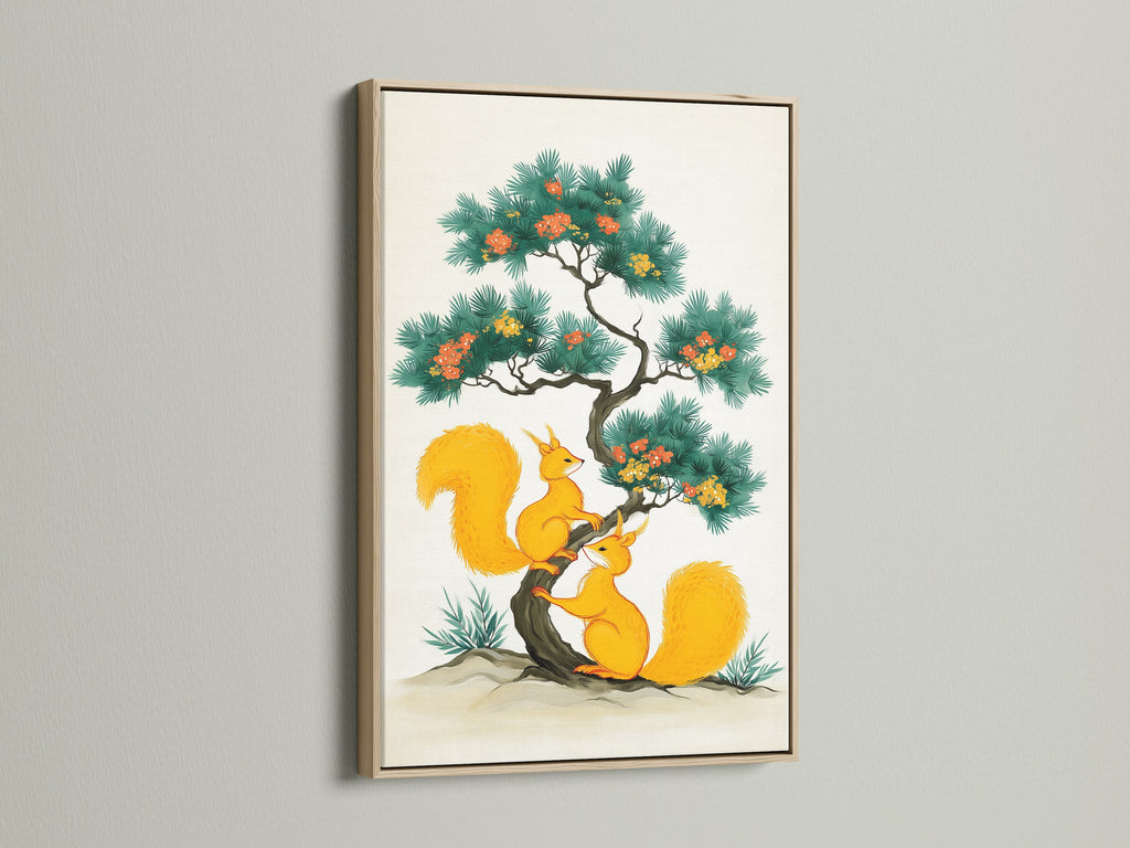 Delightful squirrel artwork showcased in an oak frame. This animal canvas print adds a whimsical touch to your kids room decor. The nature-inspired artwork creates a cozy atmosphere. Ideal for families decorating a nursery or any room with a Scandinavian theme.