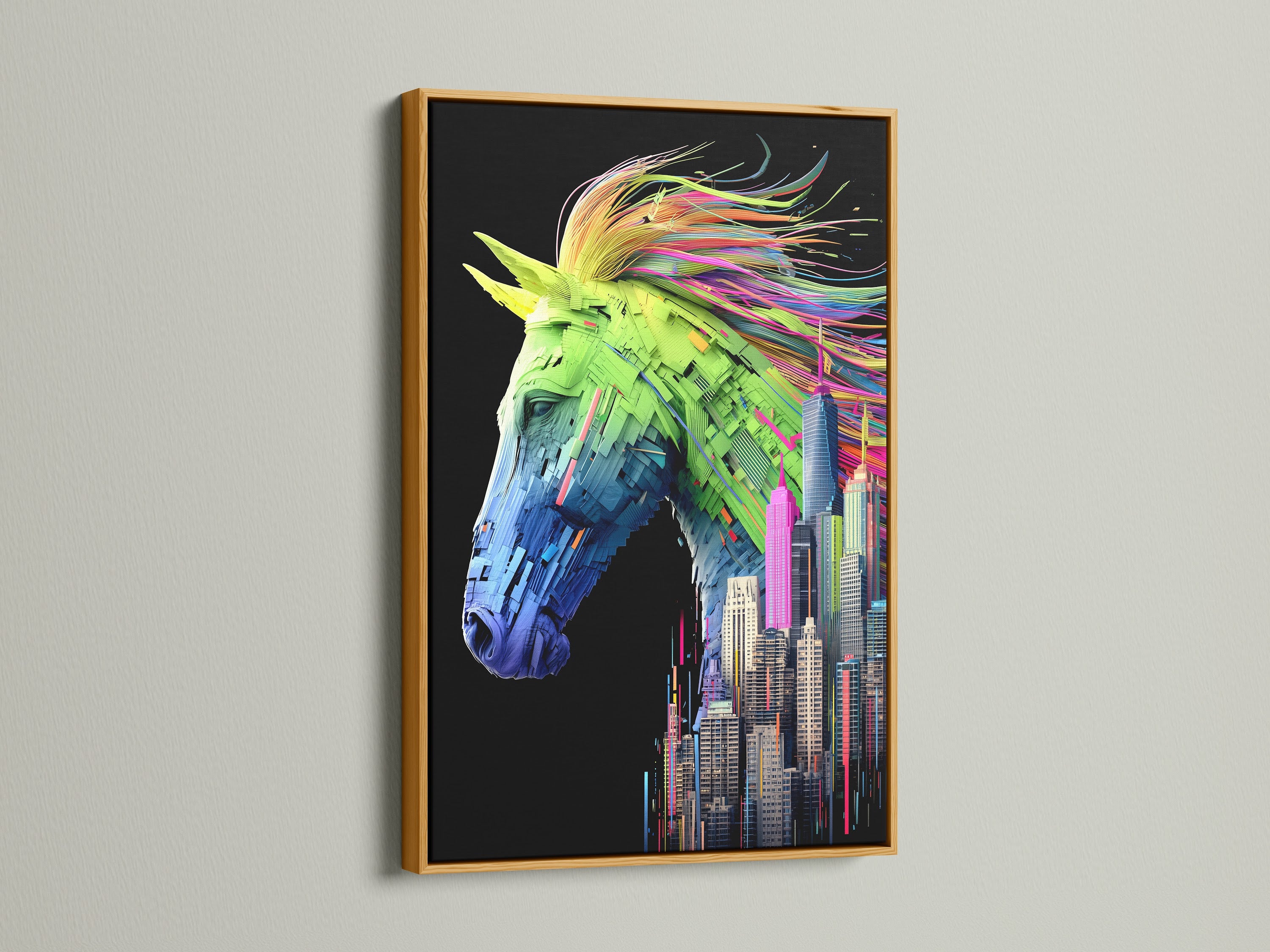 A gold frame adds a touch of luxury to this horse artwork. The cityscape print features vibrant colors. It creates a stunning visual impact. Perfect for elevating your modern wall art collection with equine art.