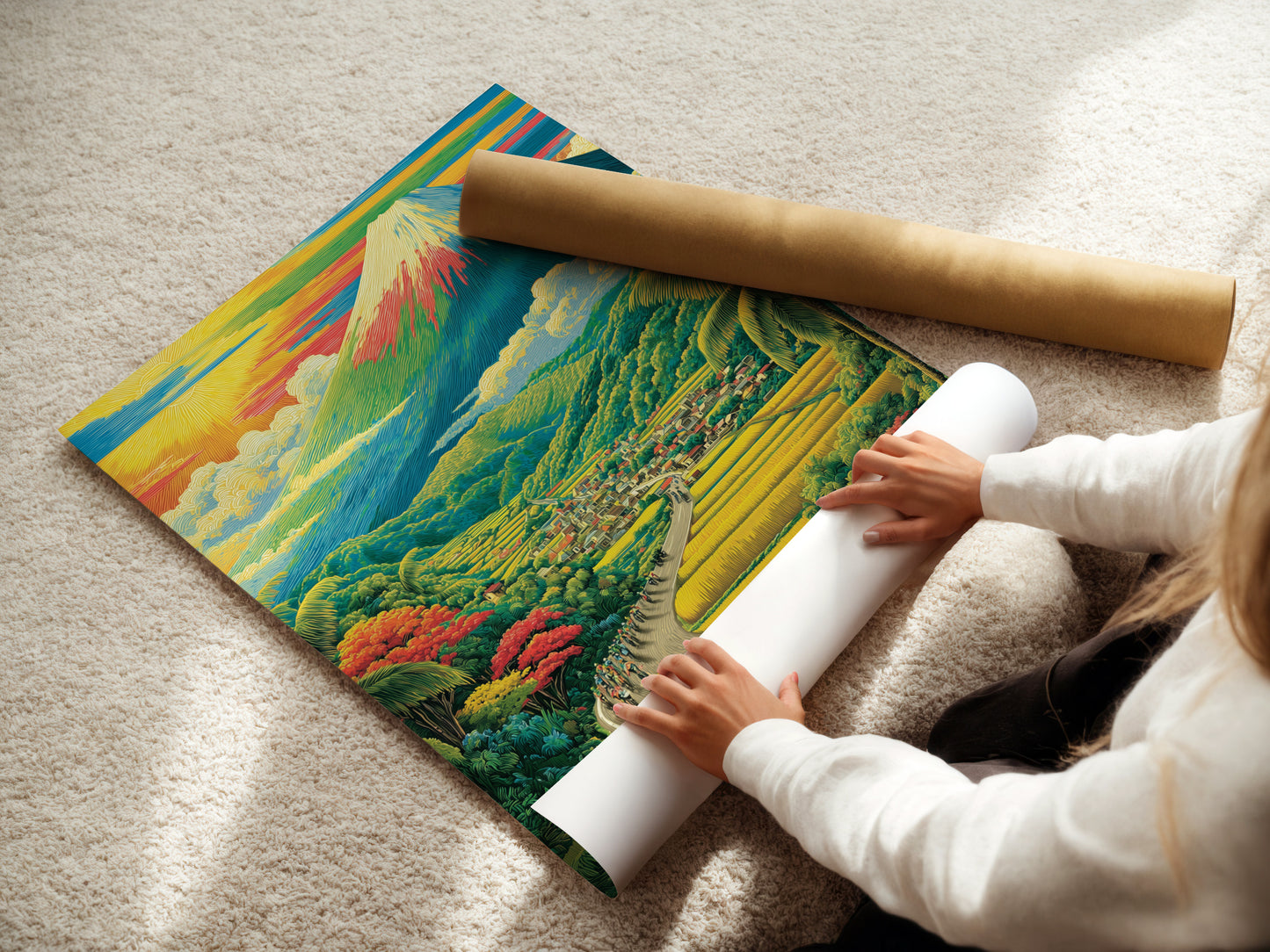 A woman is carefully rolling a fine art poster paper. This ensures the paper remains in pristine condition. High-quality poster paper is essential for stunning art prints. We take great care in packaging your artwork.