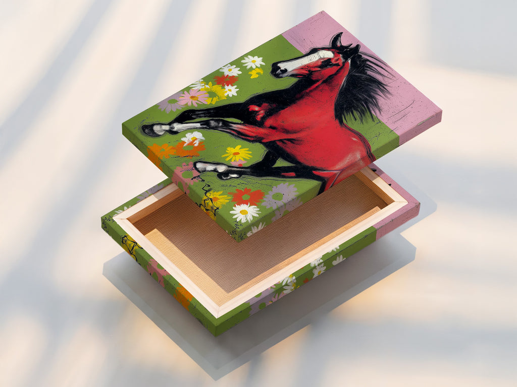 This image showcases a stretched canvas print of a red bay horse. The artwork captures the horse galloping through a floral meadow. The stretched canvas provides a gallery-worthy look. Perfect for adding a touch of rustic elegance to your home. Ideal for farmhouse and country-style decor.