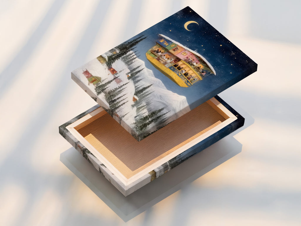 See a stretched canvas print of whimsical winter fantasy artwork. The fantasy house and starry night scene create a dreamy ambiance. The stretched canvas provides a gallery-quality look. It is ready to hang and enjoy in your home. Perfect for adding a touch of magic to your living space.