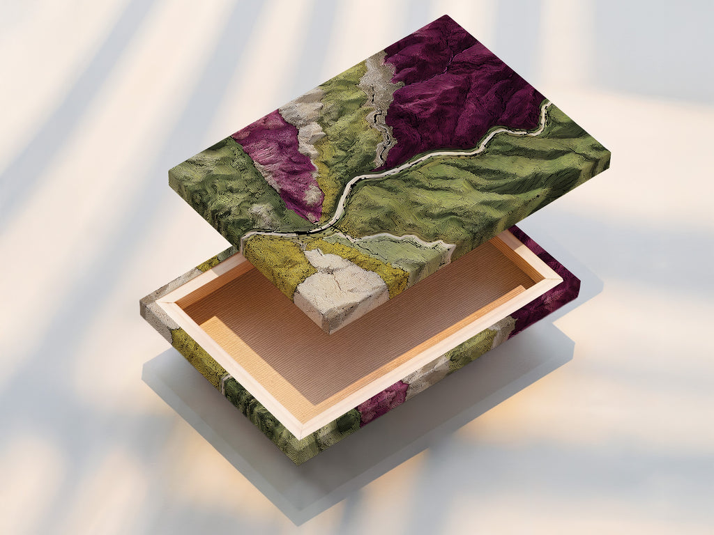 A stretched canvas print is displayed. The artwork is a topographical map. The canvas texture enhances the visual appeal. The print is stretched perfectly over a wooden frame. This product is ready to hang in your home. Enjoy the art without the hassle of framing.