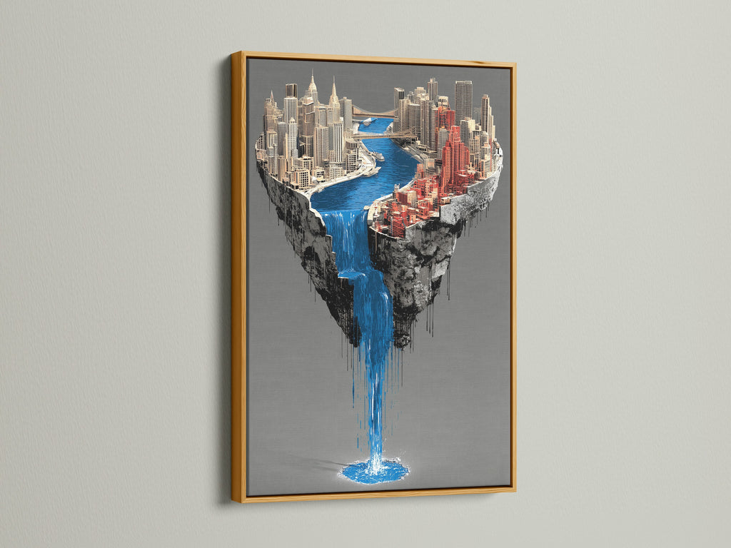 A gold frame showcases a surreal city waterfall artwork. The floating island canvas print stands out beautifully. This contemporary urban wall art adds a touch of luxury. The architectural artwork enhances modern office decor. The fantasy print is perfect for collectors and art enthusiasts.