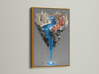 A gold frame showcases a surreal city waterfall artwork. The floating island canvas print stands out beautifully. This contemporary urban wall art adds a touch of luxury. The architectural artwork enhances modern office decor. The fantasy print is perfect for collectors and art enthusiasts.