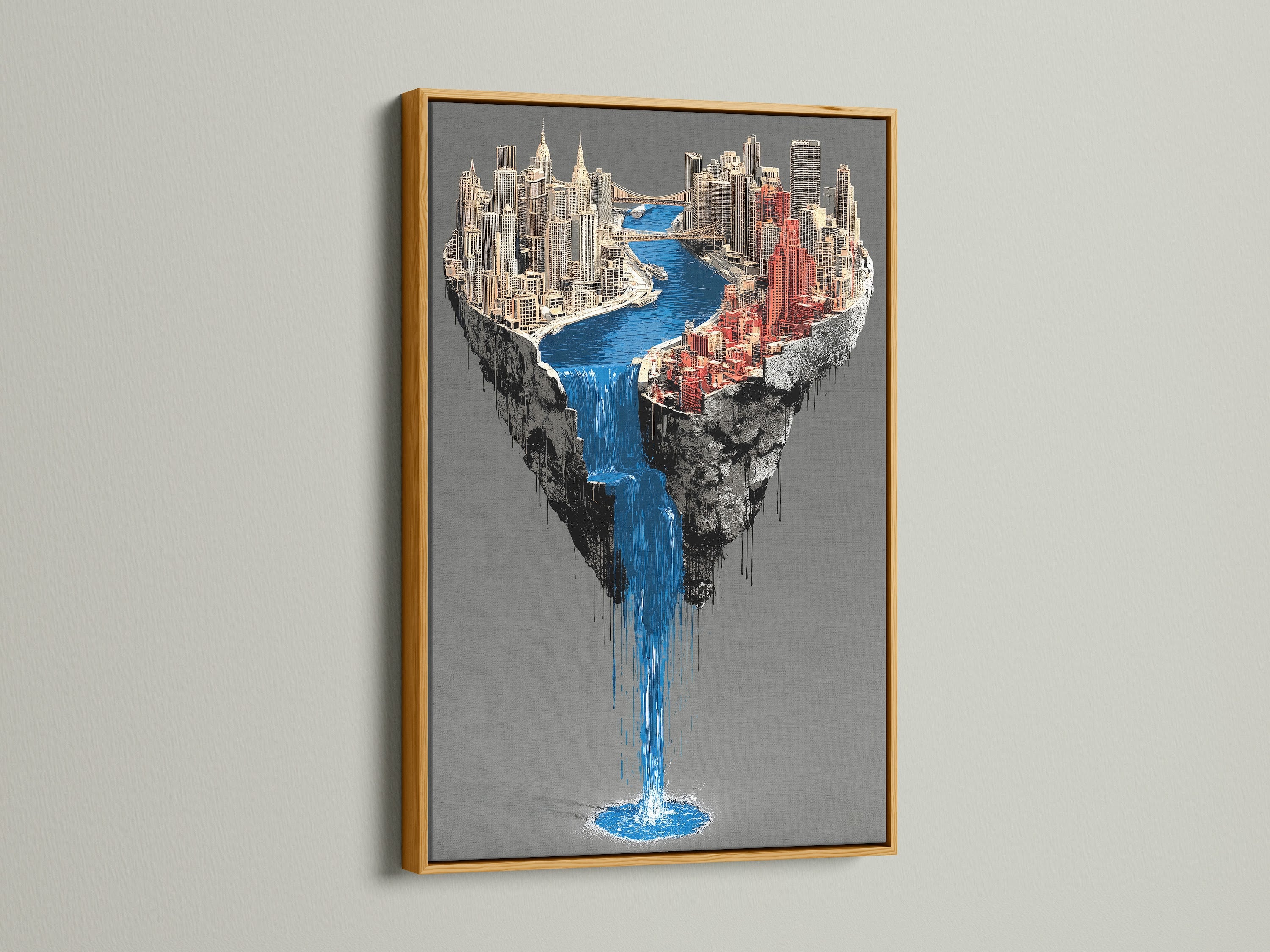A gold frame showcases a surreal city waterfall artwork. The floating island canvas print stands out beautifully. This contemporary urban wall art adds a touch of luxury. The architectural artwork enhances modern office decor. The fantasy print is perfect for collectors and art enthusiasts.