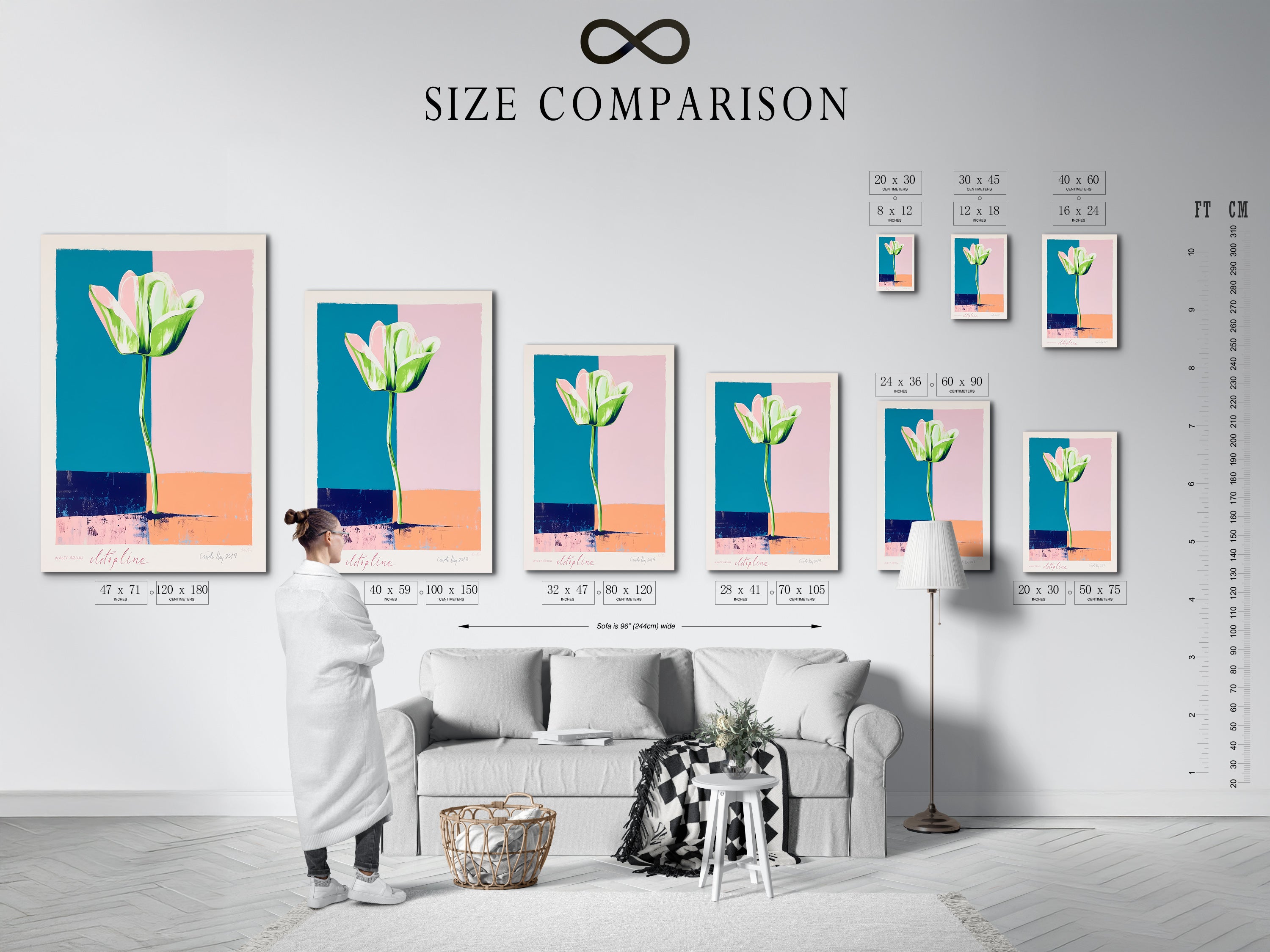 Size comparison chart displayed in an interior setting. See how different sizes of this tulip flower art print fit in your space. Visualize the perfect size for your living room bedroom or office. Transform your walls with art.
