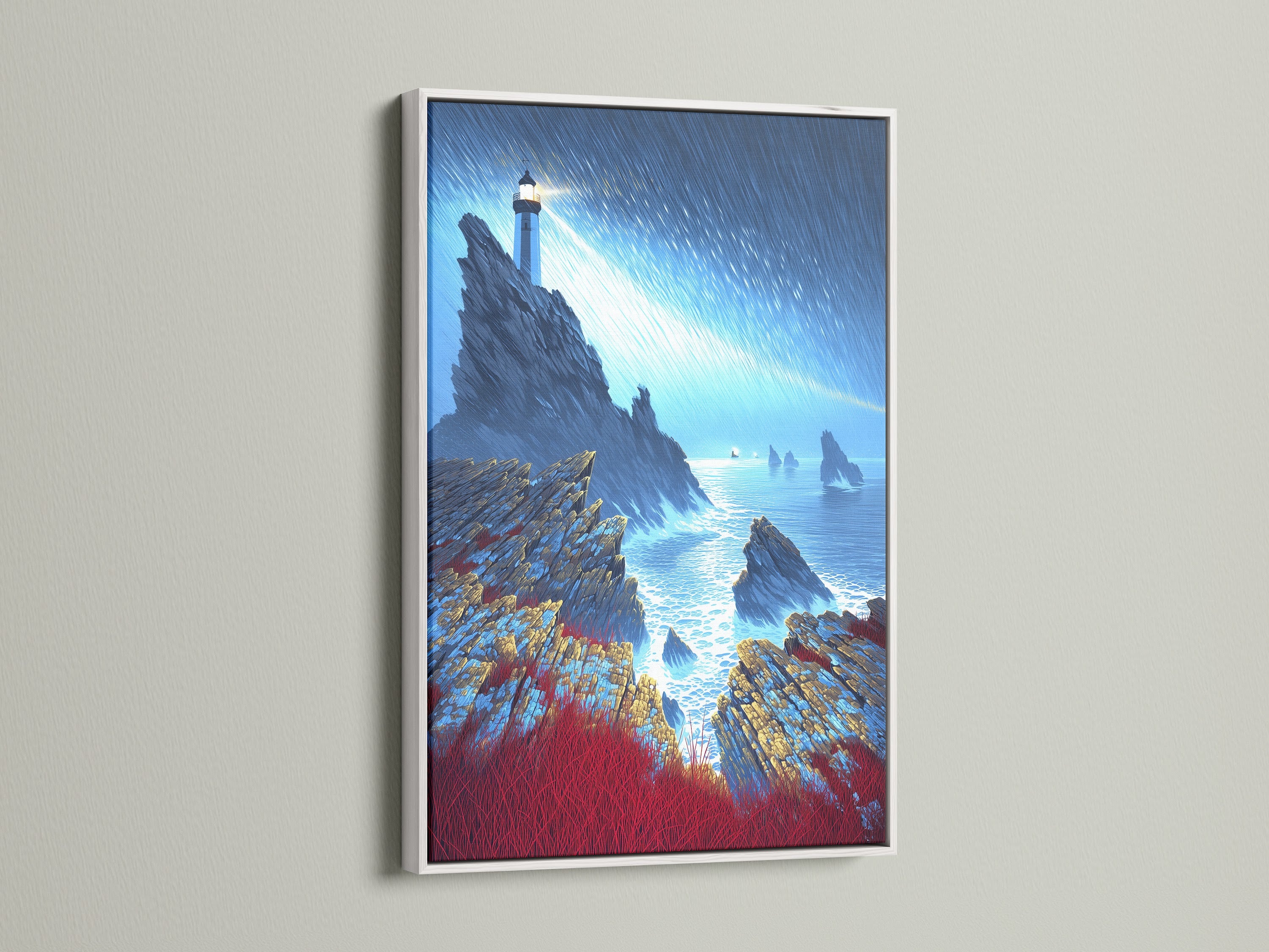 Lighthouse Seascape artwork in a white frame. This coastal wall art adds a fresh touch to any space. The dramatic ocean view creates a calming atmosphere. Ideal for nautical decor in a modern home. The artwork captures a serene sea landscape beautifully