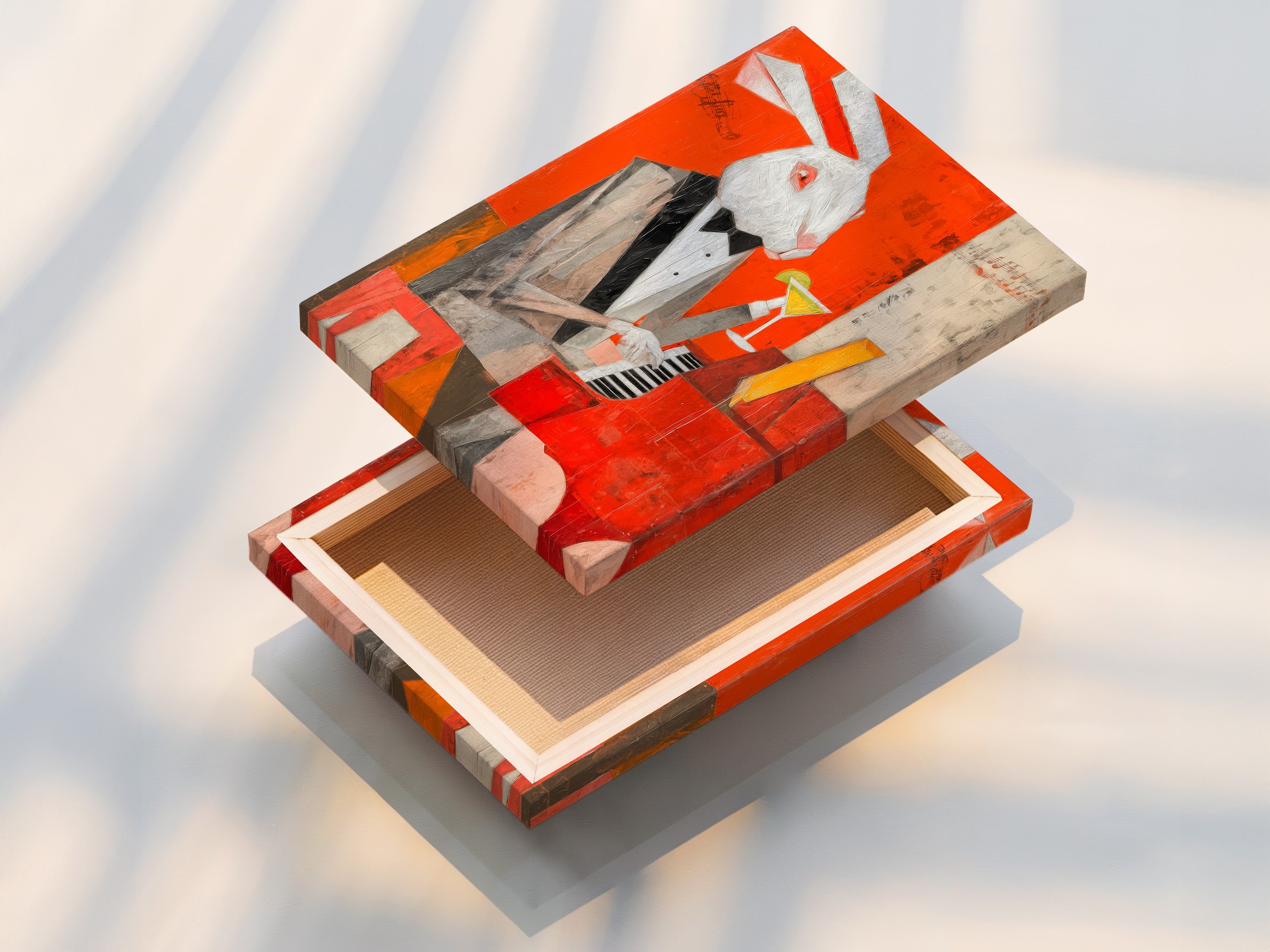 This is a stretched canvas print of the rabbit pianist artwork. The vibrant colors and abstract elements create a visually stunning piece. This stretched canvas is ready to hang. It is perfect for adding a touch of whimsy to any room. Bring this unique piece of art home today.