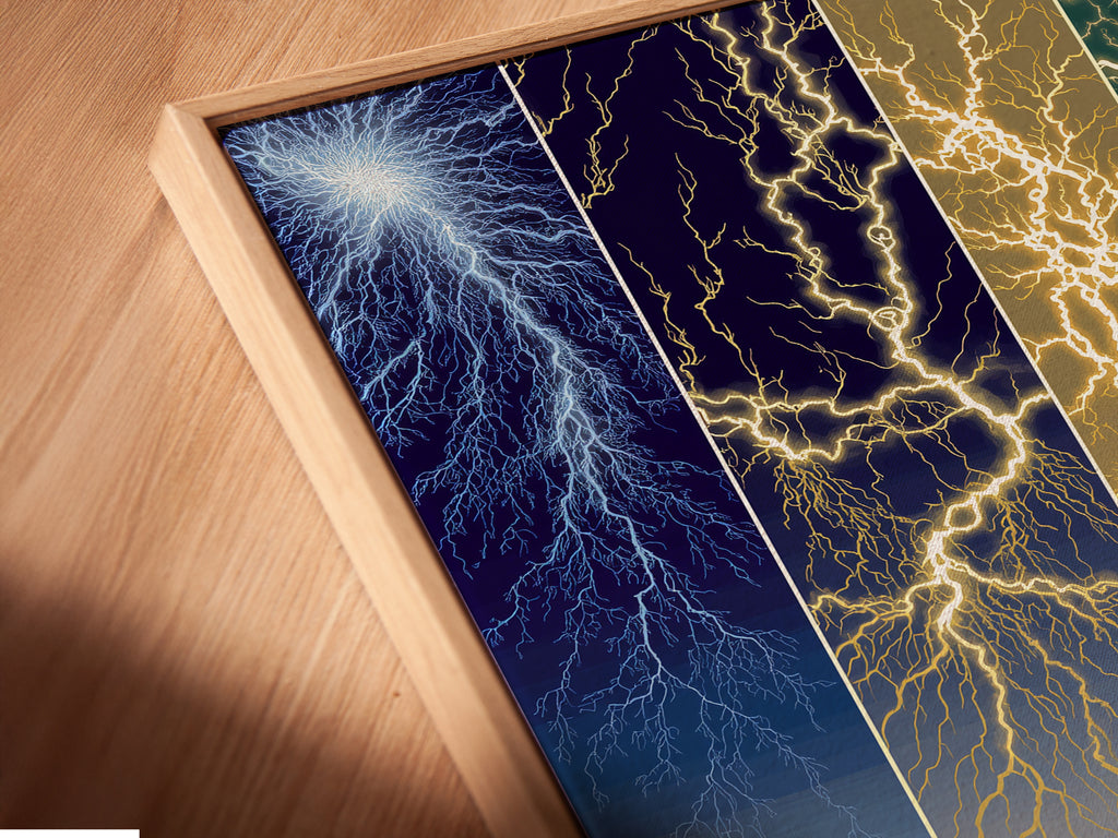 Close-up of a canvas print in a floating frame. The Lightning Storm artwork features an electric sky. The floating frame gives a modern look. Ideal for homeowners renters and interior designers. This contemporary wall decor is perfect for any space.