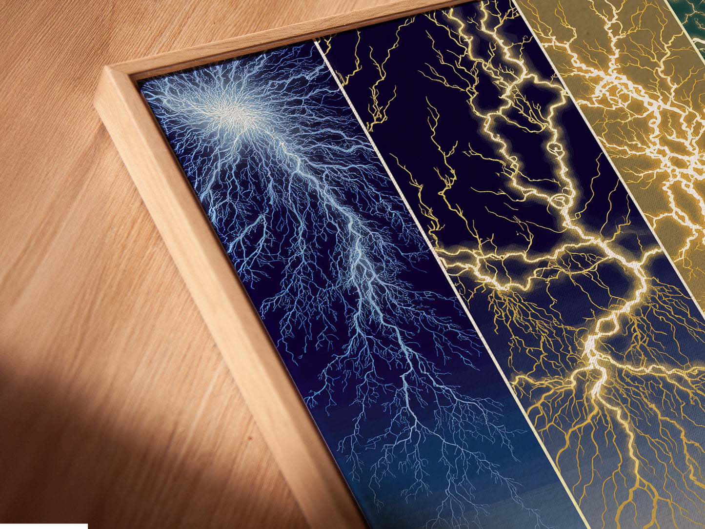 A close-up of the Lightning River canvas print in a floating frame. The floating frame gives the artwork a modern gallery look. The storm print will enhance your office decor. Discover atmospheric art.