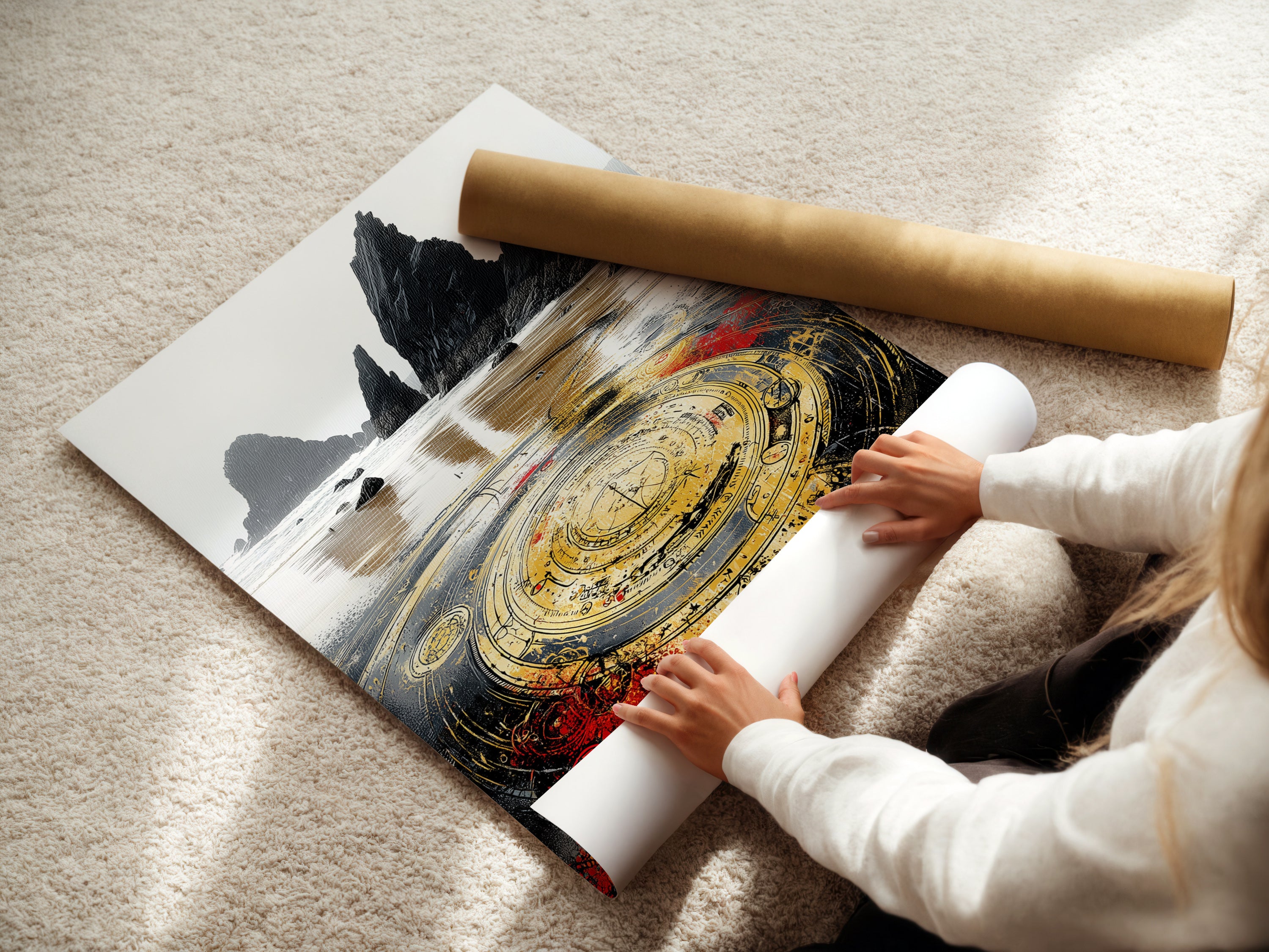 A woman carefully rolls a fine art poster paper featuring mystical compass art. This high-quality steampunk decor is perfect for wall art. Explore our range of fantasy wall art today.