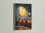 This oak frame showcases a stunning bar scene artwork. The moody restaurant wall art enhances any dining space. This abstract clock artwork will add a touch of modern elegance. Explore kitchen bar art today.