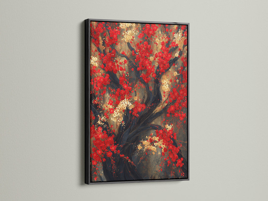 The Red Blossoms Canvas Print is displayed in a sleek black frame. This Asian botanical artwork brings a touch of oriental decor to modern spaces. The Japanese cherry tree wall art features a red floral canvas. Ideal for contemporary wall decor and adding a nature-inspired element to your home. The artwork includes red and gold.