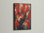 The Red Blossoms Canvas Print is displayed in a sleek black frame. This Asian botanical artwork brings a touch of oriental decor to modern spaces. The Japanese cherry tree wall art features a red floral canvas. Ideal for contemporary wall decor and adding a nature-inspired element to your home. The artwork includes red and gold.