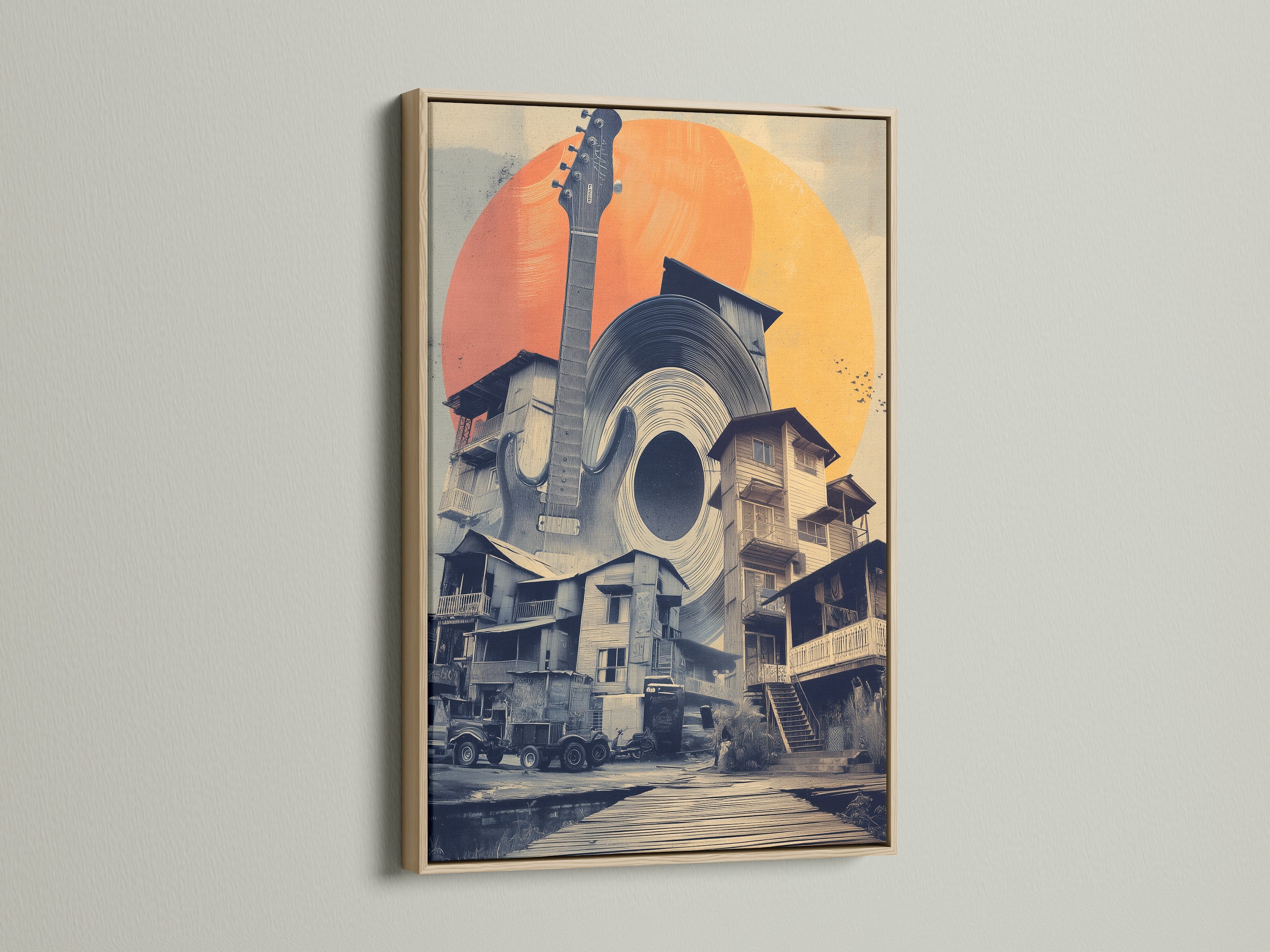 The Musical Village canvas print is beautifully framed in oak. This vintage artwork combines a guitar record and village elements. Ideal for adding an eclectic touch to any music room or sound studio. It's a great gift for musicians.