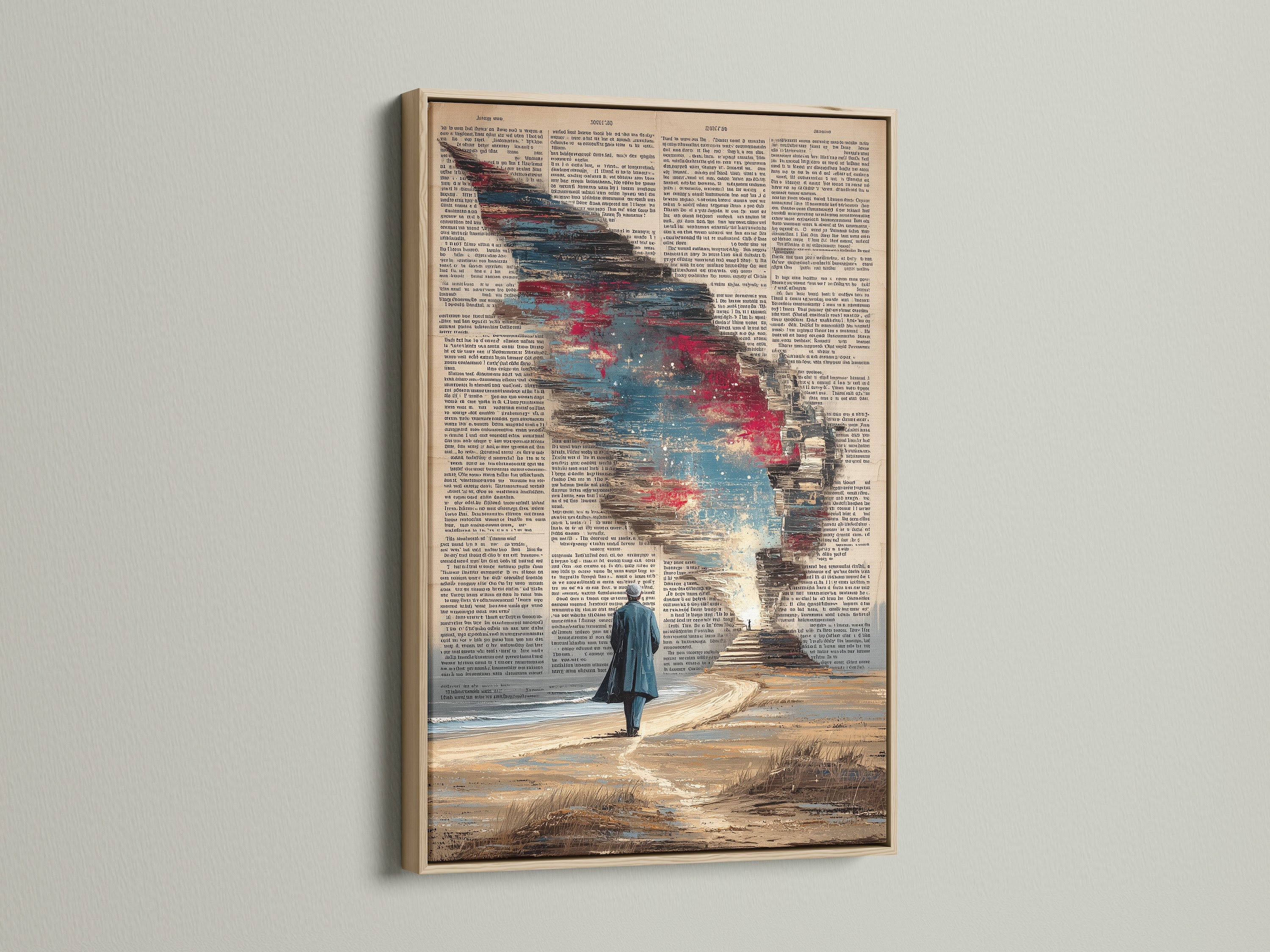 Surreal cosmic sky artwork displayed in an oak frame. This vintage book page canvas print enhances any room. Ideal for office space decor or book lover gifts. The rustic frame adds to the vintage aesthetic. A unique literary art print