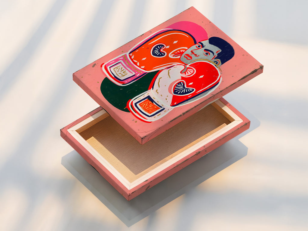 Close-up of a stretched canvas print featuring the boxing legend artwork. The vivid colors and retro pop art style are eye-catching. Perfect for gym wall decor. A great piece for homeowners and sports bar managers.