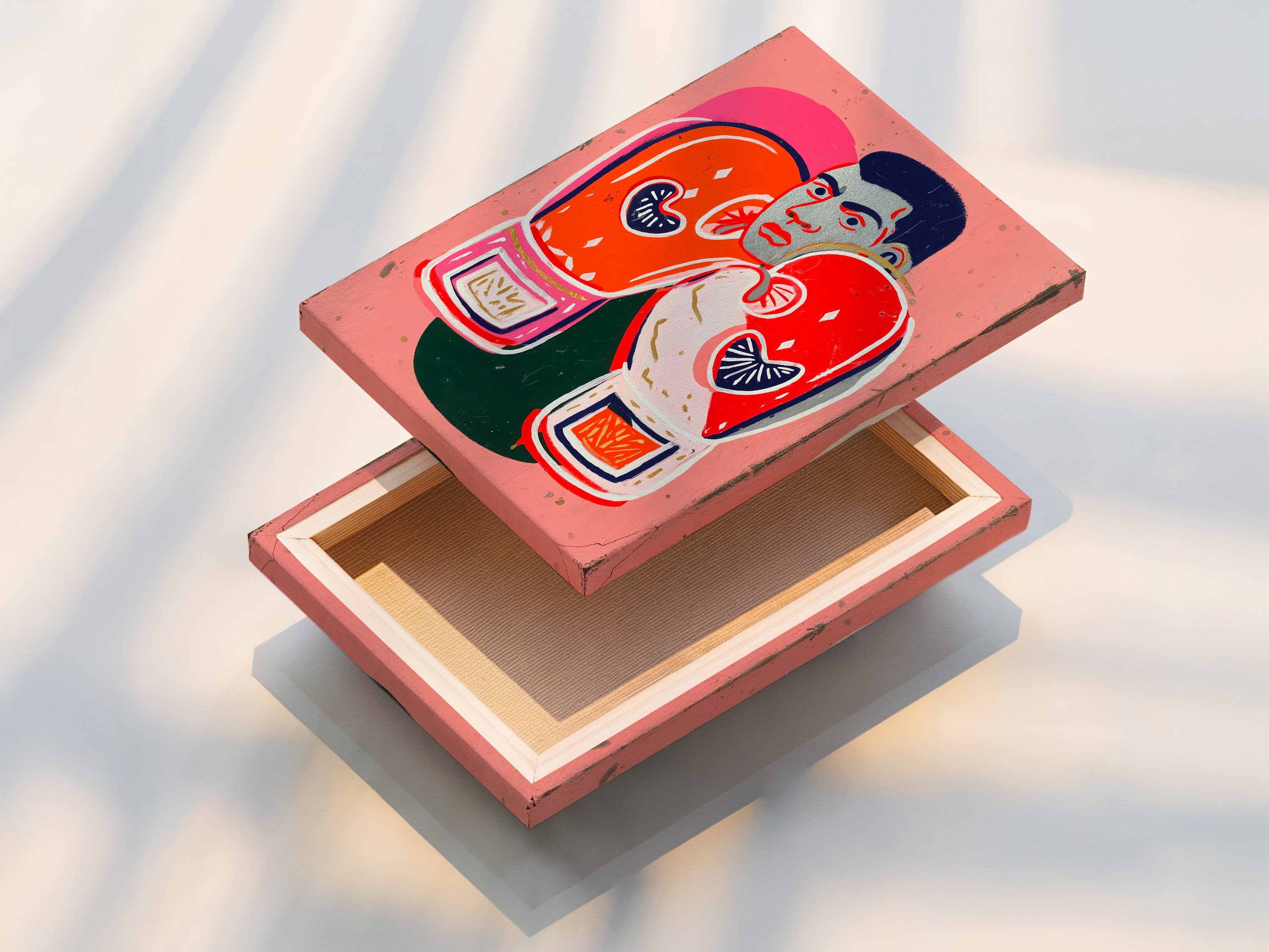 Close-up of a stretched canvas print featuring the boxing legend artwork. The vivid colors and retro pop art style are eye-catching. Perfect for gym wall decor. A great piece for homeowners and sports bar managers.