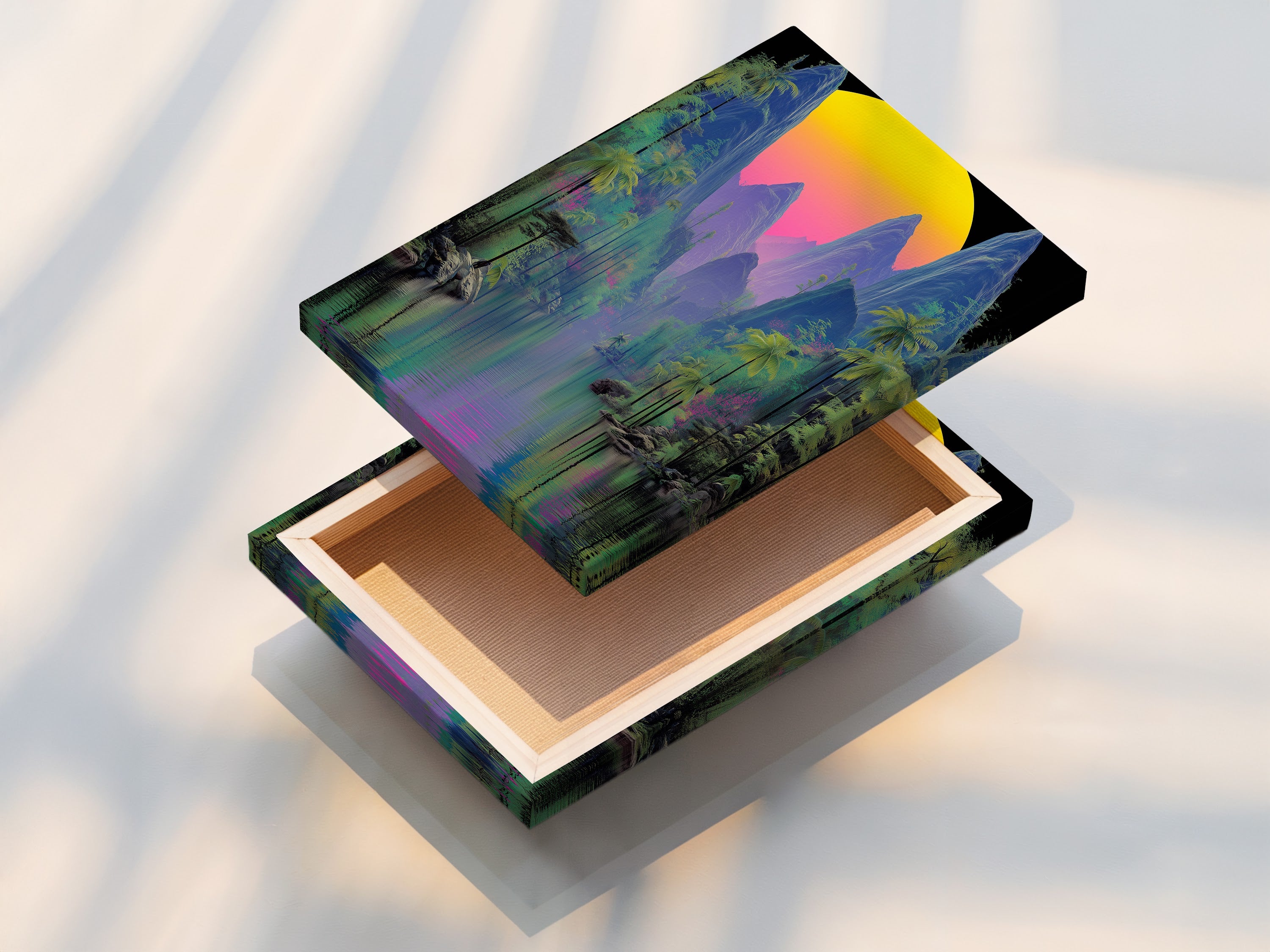 This stretched canvas print features a captivating tropical mountain artwork. The vaporwave sunset and cyberpunk nature elements create a unique aesthetic. Add a modern touch to your walls with this vibrant summer wall art. A perfect piece for any space.