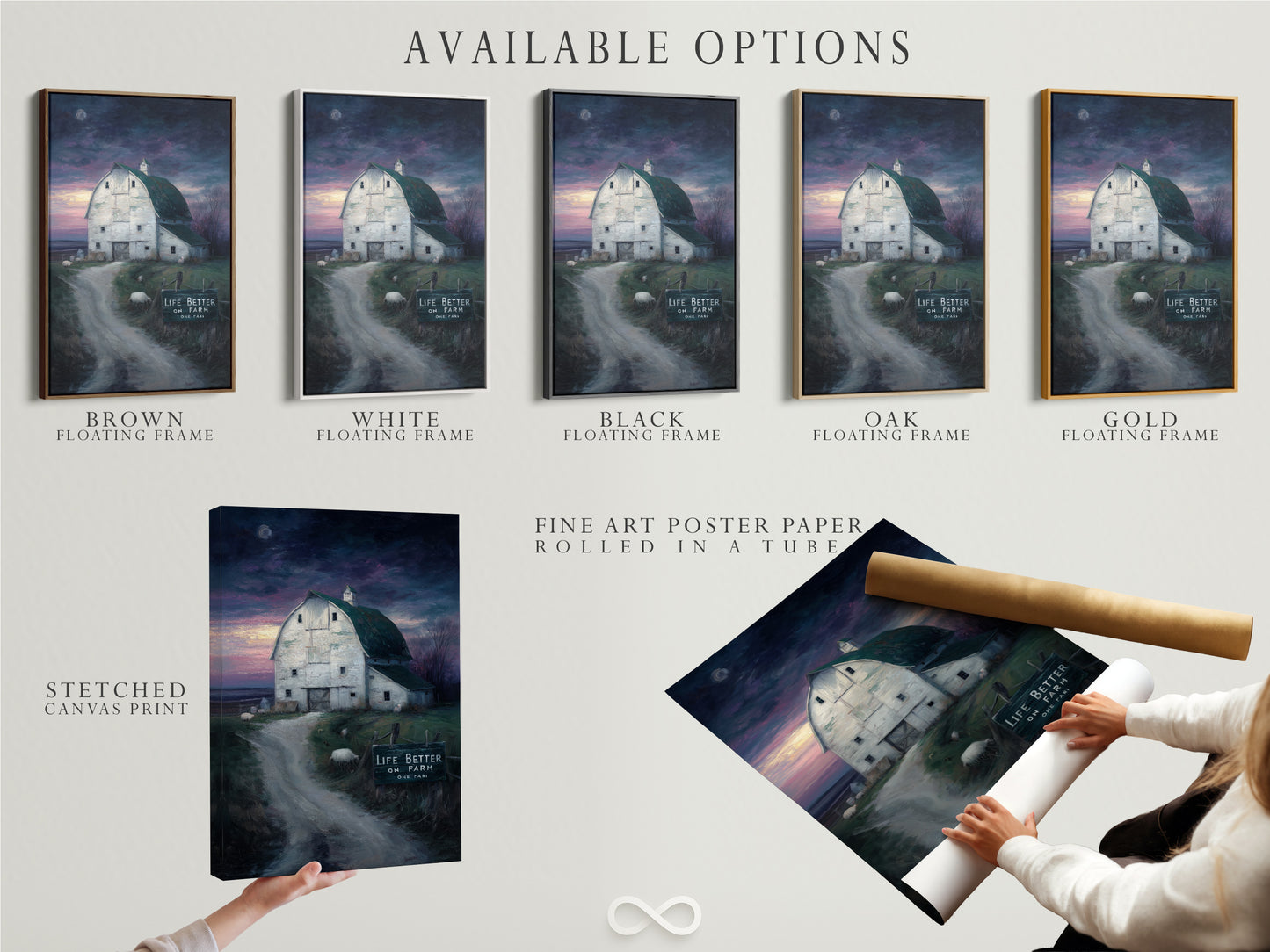 Explore available options for this farmhouse canvas print. Choose from a stretched canvas print a fine art poster paper or a floating frame. Customize your rustic barn wall art. Find the perfect style for your country landscape artwork. Enhance your country home today.