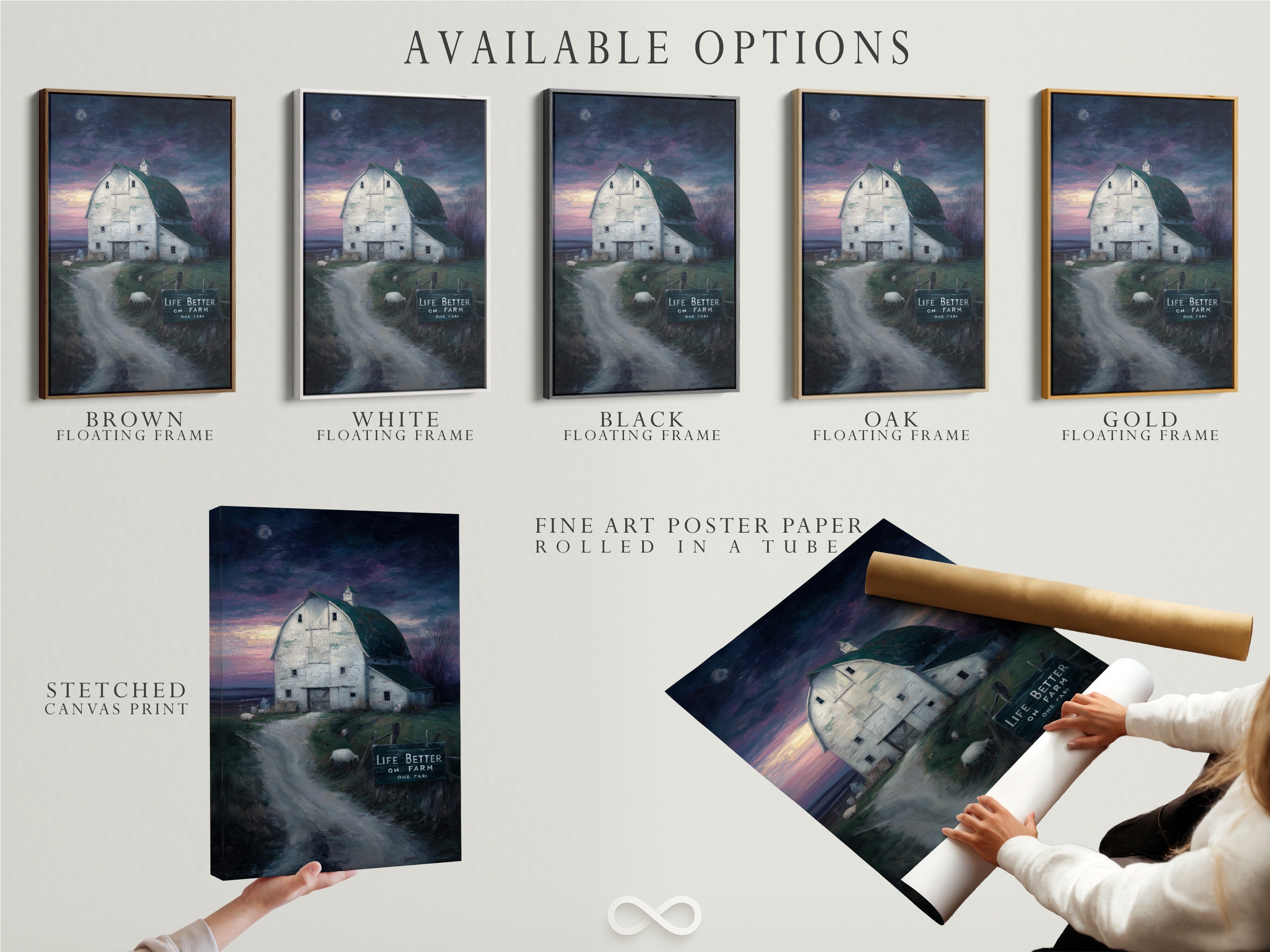 Explore available options for this farmhouse canvas print. Choose from a stretched canvas print a fine art poster paper or a floating frame. Customize your rustic barn wall art. Find the perfect style for your country landscape artwork. Enhance your country home today.