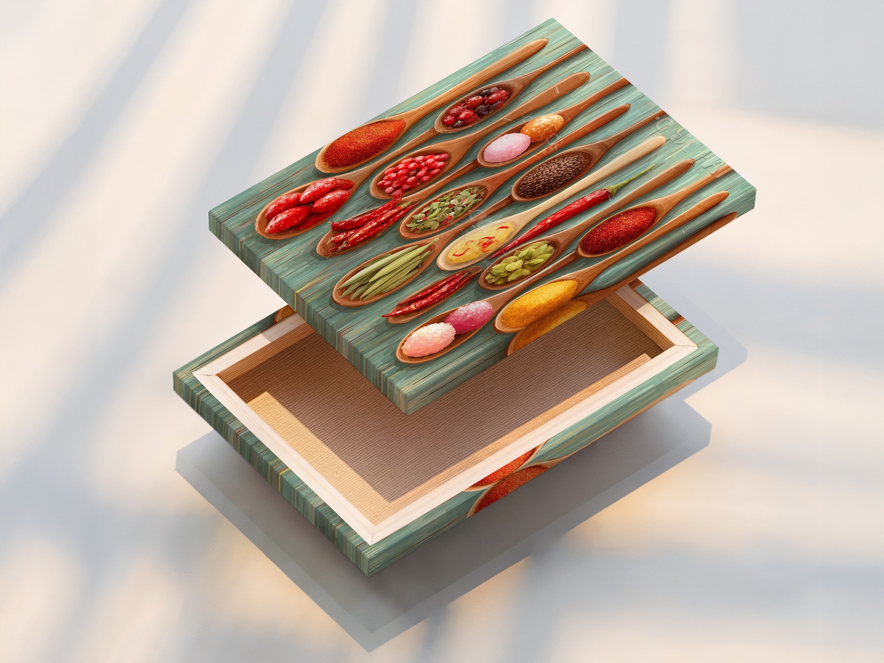 A stretched canvas print showcases the spice spoons artwork. The kitchen canvas is stretched perfectly. This foodie decor is ready to hang. It's a great addition to any dining area. The colorful kitchen art will brighten up your space. Consider a stretched canvas print.