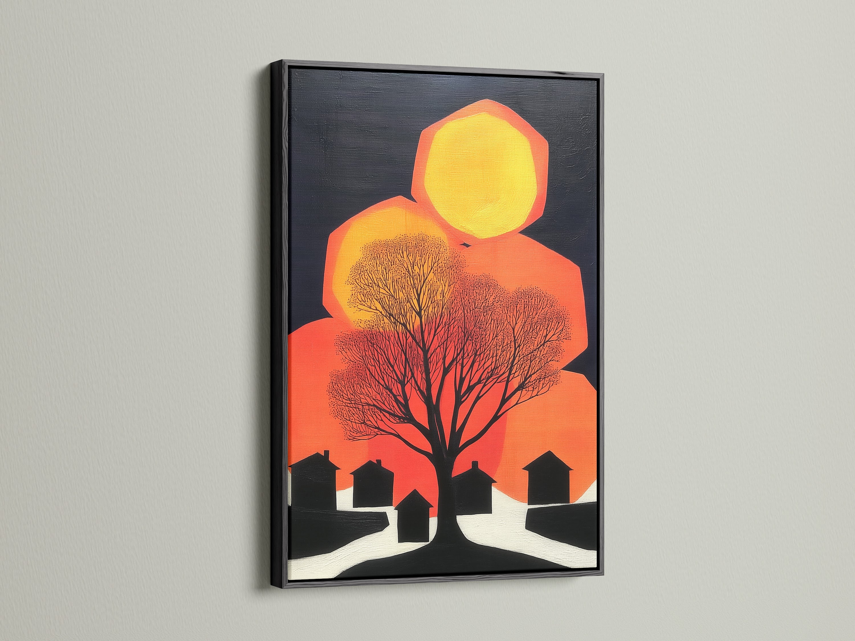 This is a black framed abstract tree art piece. This print brings modern elegance to any setting. The black artwork adds a touch of sophistication. Great as office wall art or living room decor.