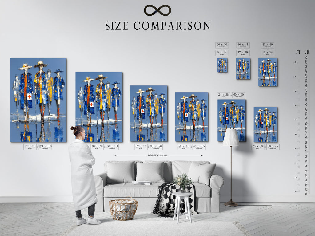 Size comparison chart in interior setting. It shows various sizes of medical heroes artwork. The healthcare art is available in multiple formats. Choose the perfect doctor canvas print.