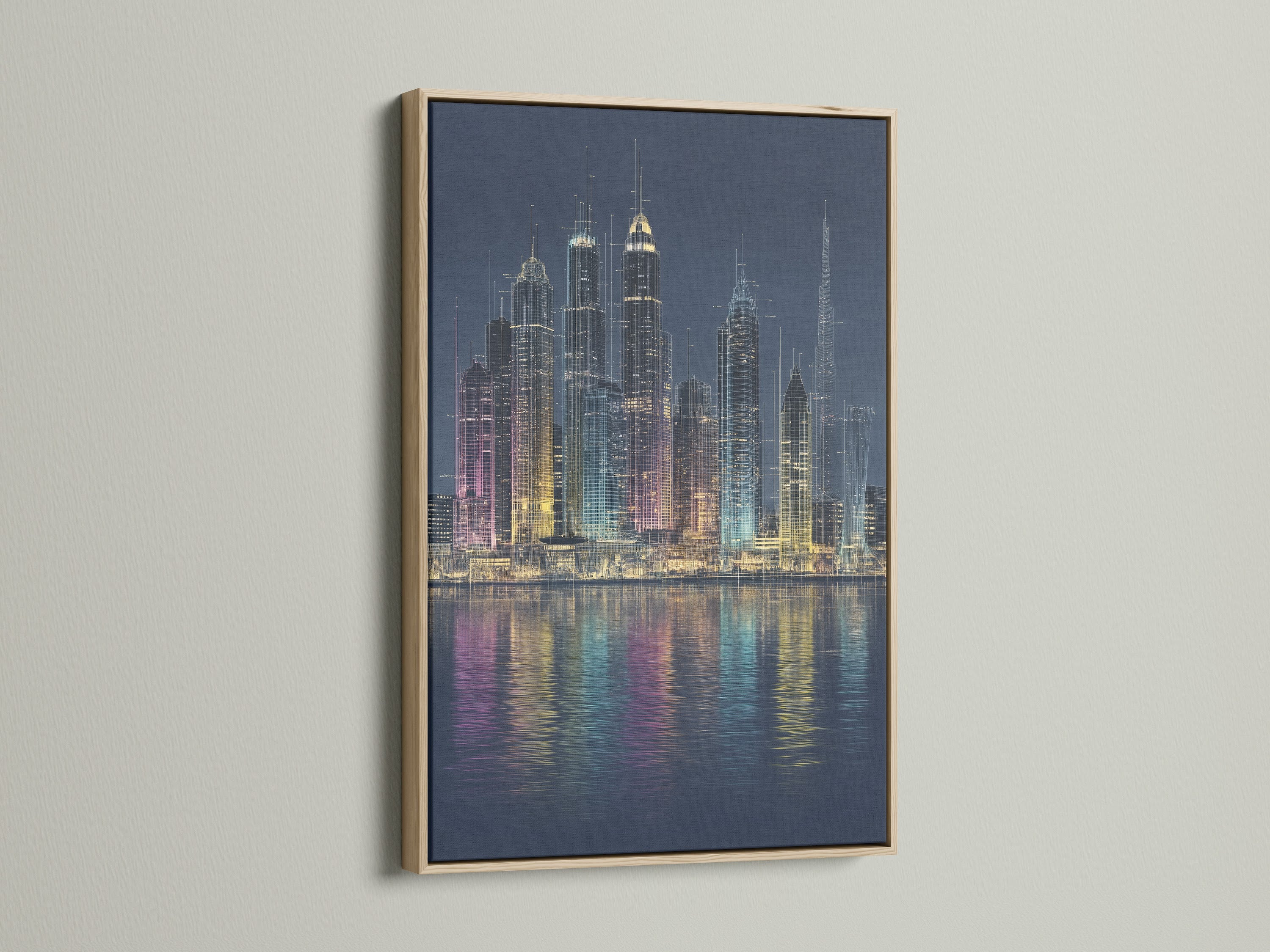 A stunning oak framed city skyline art print. This cityscape reflection photography captures the essence of urban life. The oak frame complements the modern artwork. Ideal for office wall decor or a stylish living room. Transform your space with this unique metropolitan art. This print is perfect for contemporary spaces.