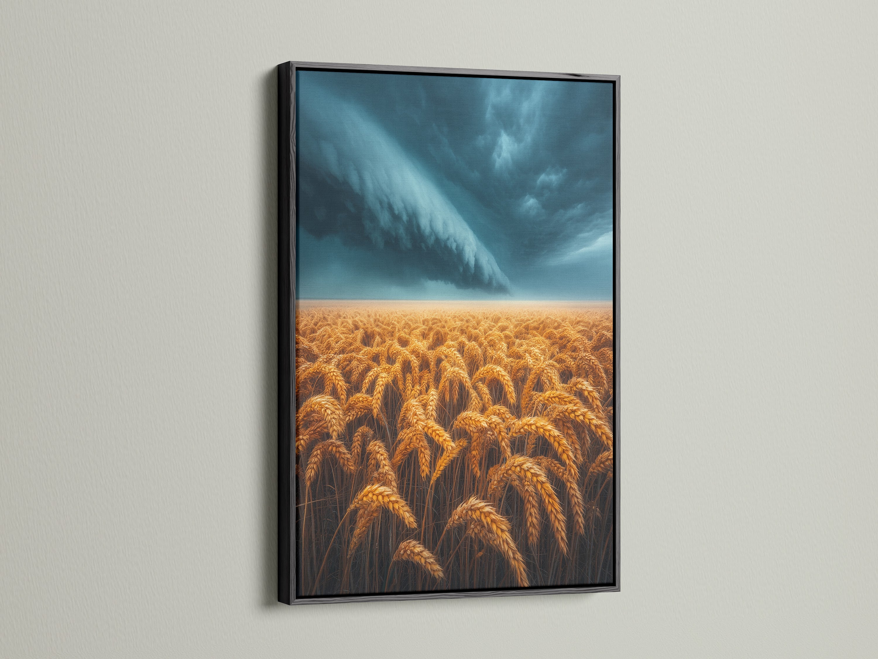 Black frame presenting a golden harvest canvas print. The wheat wall art brings country wall art into your home. Great for rustic art print for any space. This agriculture art is suitable for offices or clinics. The frame enhances the artwork's visual appeal.