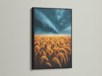 Wheat Field artwork in a black frame. The artwork captures a golden wheat field under a stormy sky. A dramatic contrast enhances the rustic appeal. A great option for Farmhouse wall art.