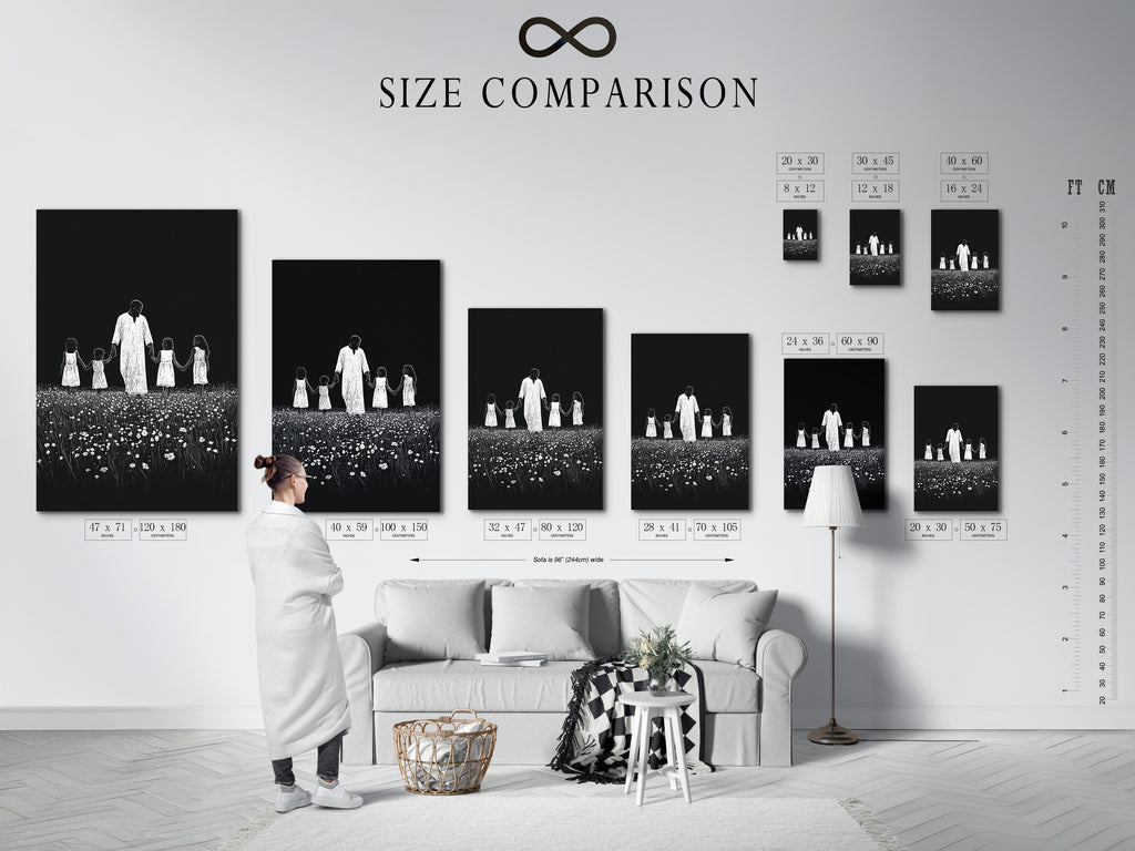 A size comparison chart is presented in an interior setting. The chart illustrates the different dimensions available. Use this chart to pick the perfect art size for your space. Choose the ideal fit to enhance your home decor.