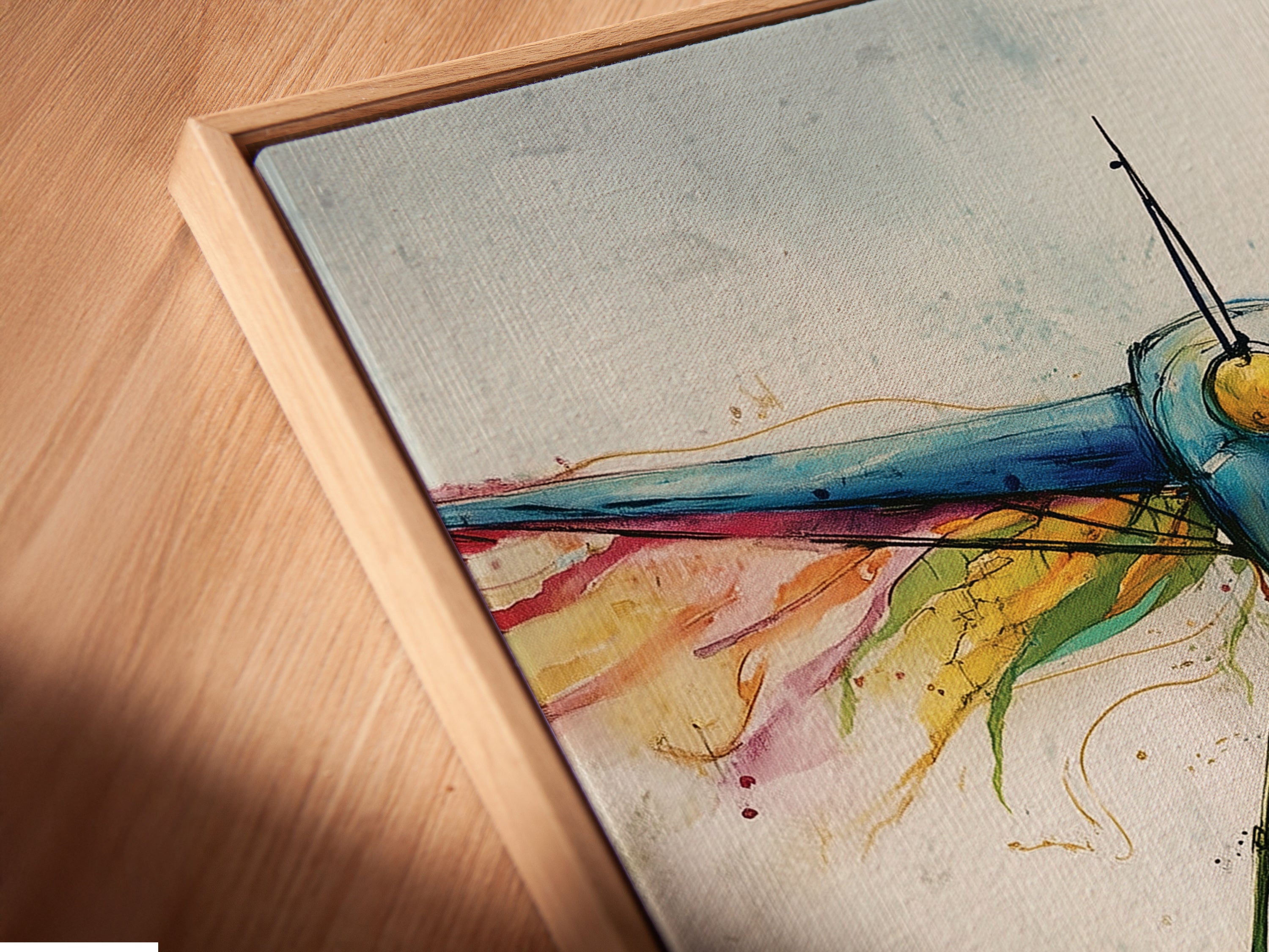 Close-up angled view of a canvas print in a floating frame. The watercolor airplane artwork is beautifully displayed. The vintage biplane art enhances any room. Perfect for aviation art collectors and enthusiasts.