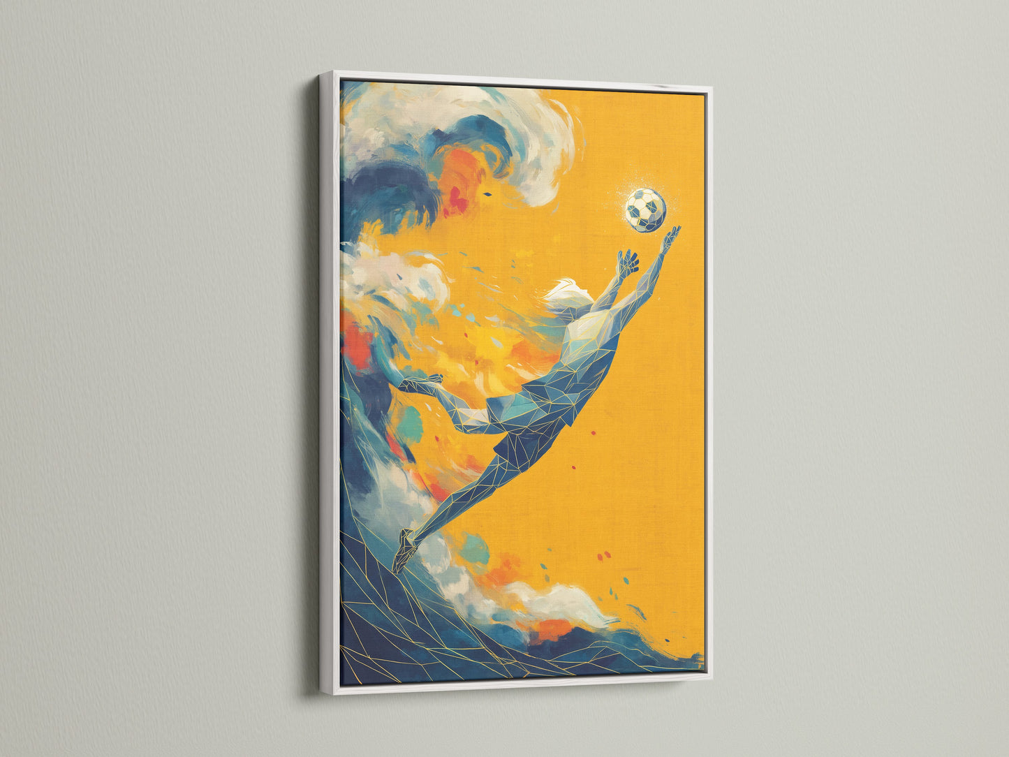Modern soccer art print in a white frame. This abstract sports art piece is ideal for a boy's room or playroom. The vibrant colors and dynamic composition make it a standout piece of modern sports decor. Elevate your walls with this soccer artwork.