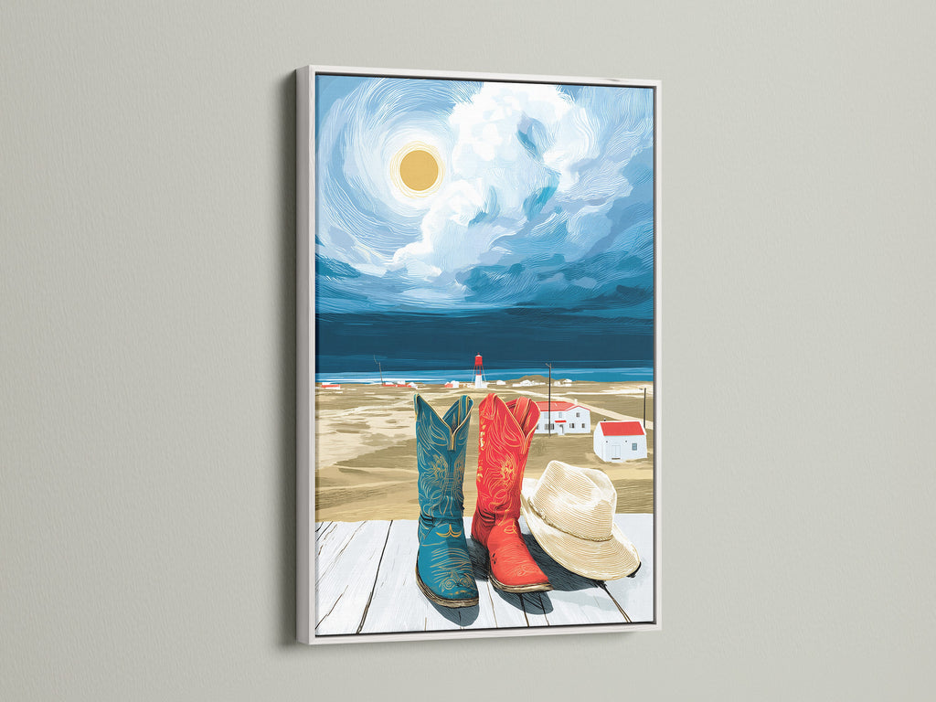The Coastal Cowboy Boots art is showcased in a white frame. The nautical wall art adds a fresh coastal decor element. The white frame enhances the artwork's vibrant colors. Perfect for brightening up any space. View our beach themed art.