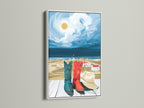The Coastal Cowboy Boots art is showcased in a white frame. The nautical wall art adds a fresh coastal decor element. The white frame enhances the artwork's vibrant colors. Perfect for brightening up any space. View our beach themed art.